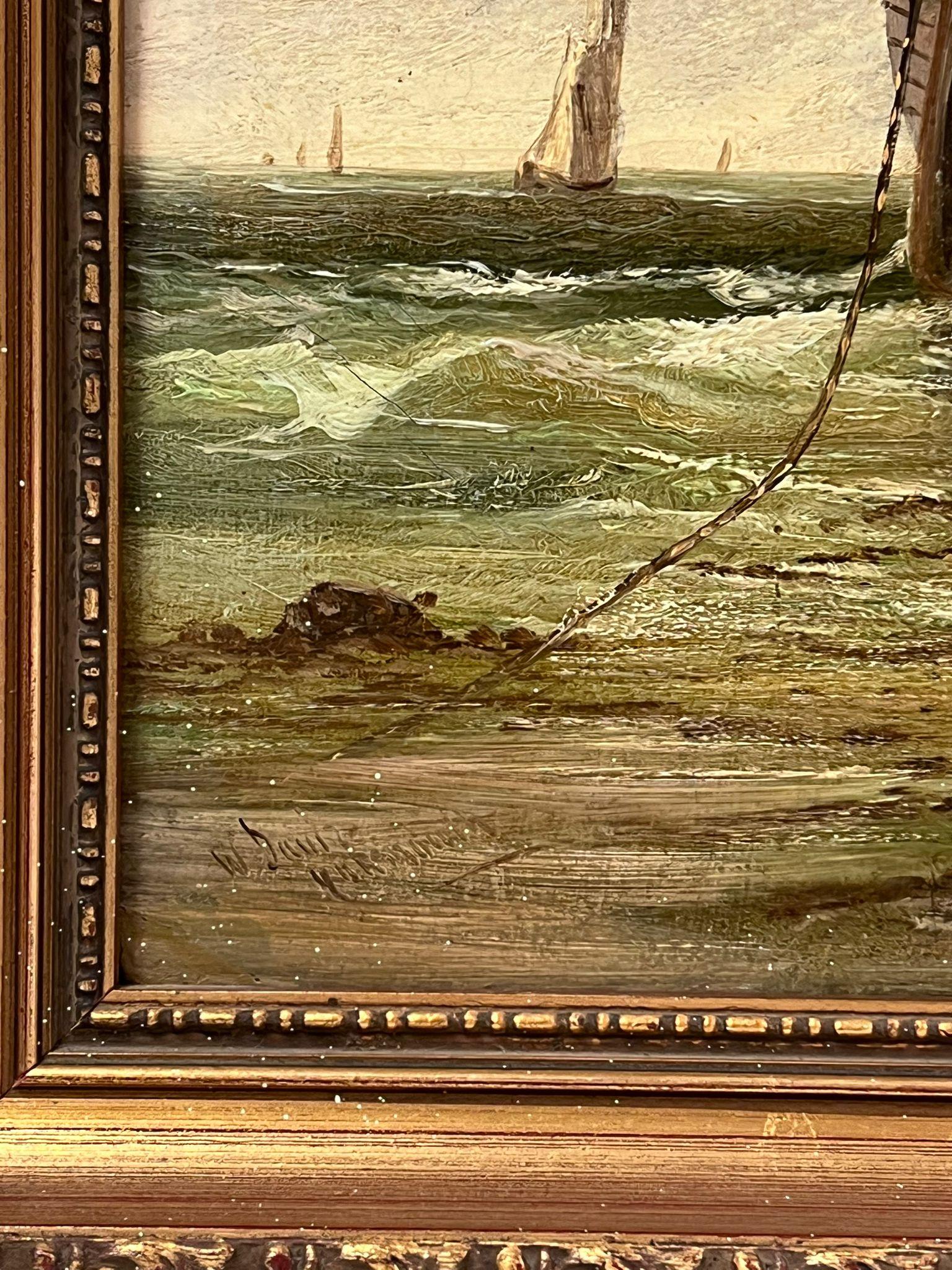 Peinture à l'huile britannique du 19e siècle représentant un pêcheur sur une plage avec des bateaux, signée d'origine - Victorien Painting par Antique British