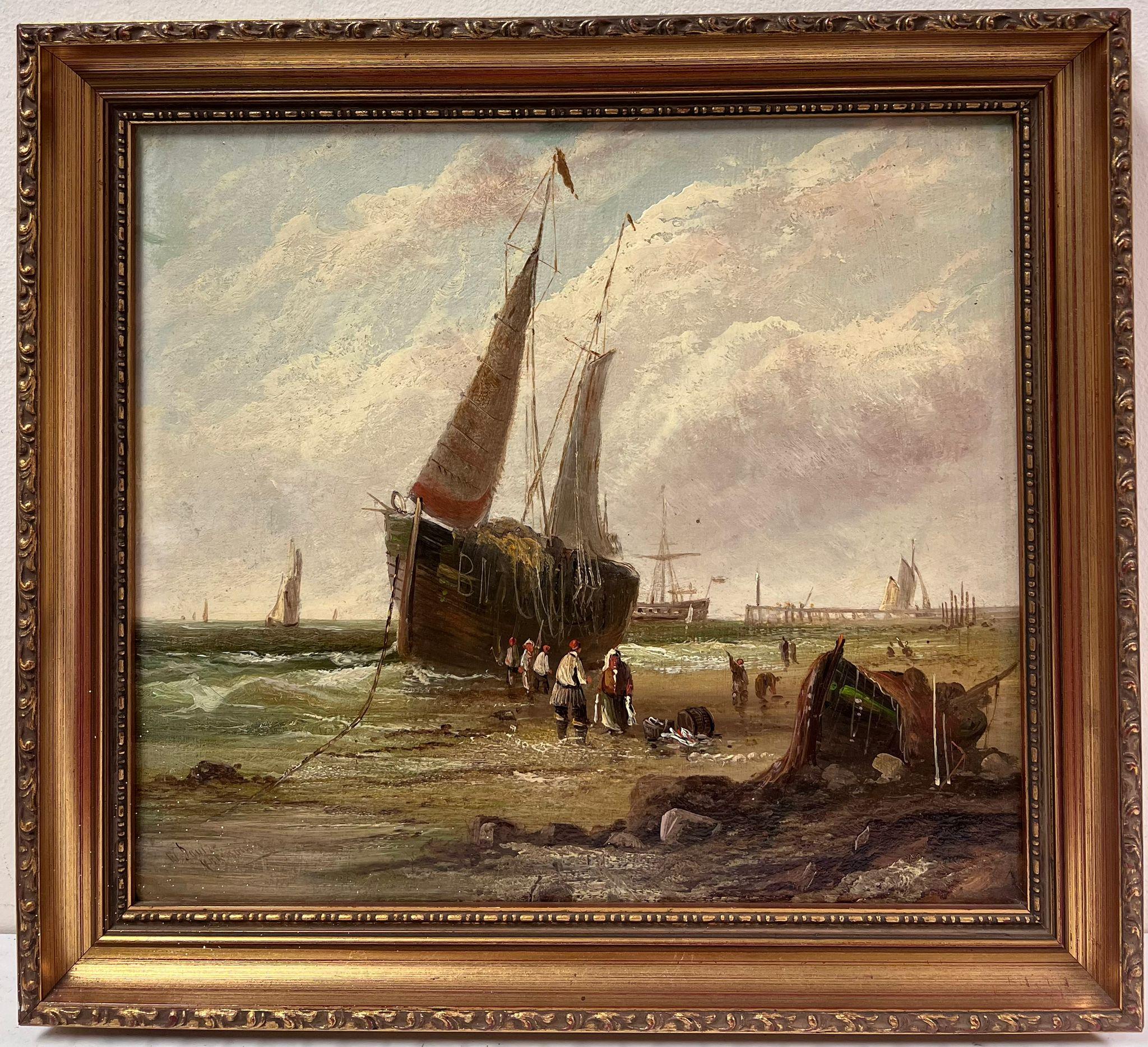 Figurative Painting Antique British - Peinture à l'huile britannique du 19e siècle représentant un pêcheur sur une plage avec des bateaux, signée d'origine