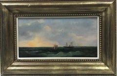 Antique British Marine Oil Painting Two Fishing Boats at Sunset Sky, gilt framed