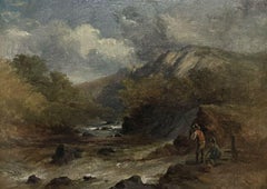 Ancienne peinture à l'huile britannique encadrée « Fishing in the Highlands » (la pêche à l'huile dans les Highlands), XIXe siècle