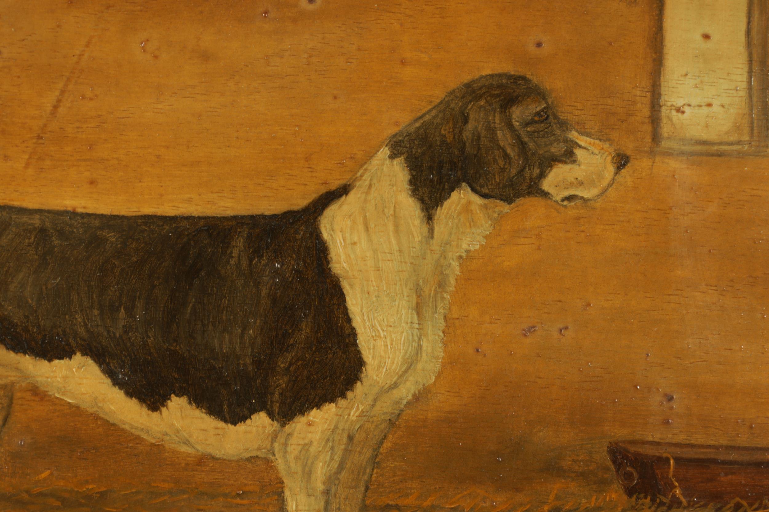 Peinture à l'huile ancienne anglaise primitive représentant un chien dans un intérieur de ferme, signée - Painting de Antique British