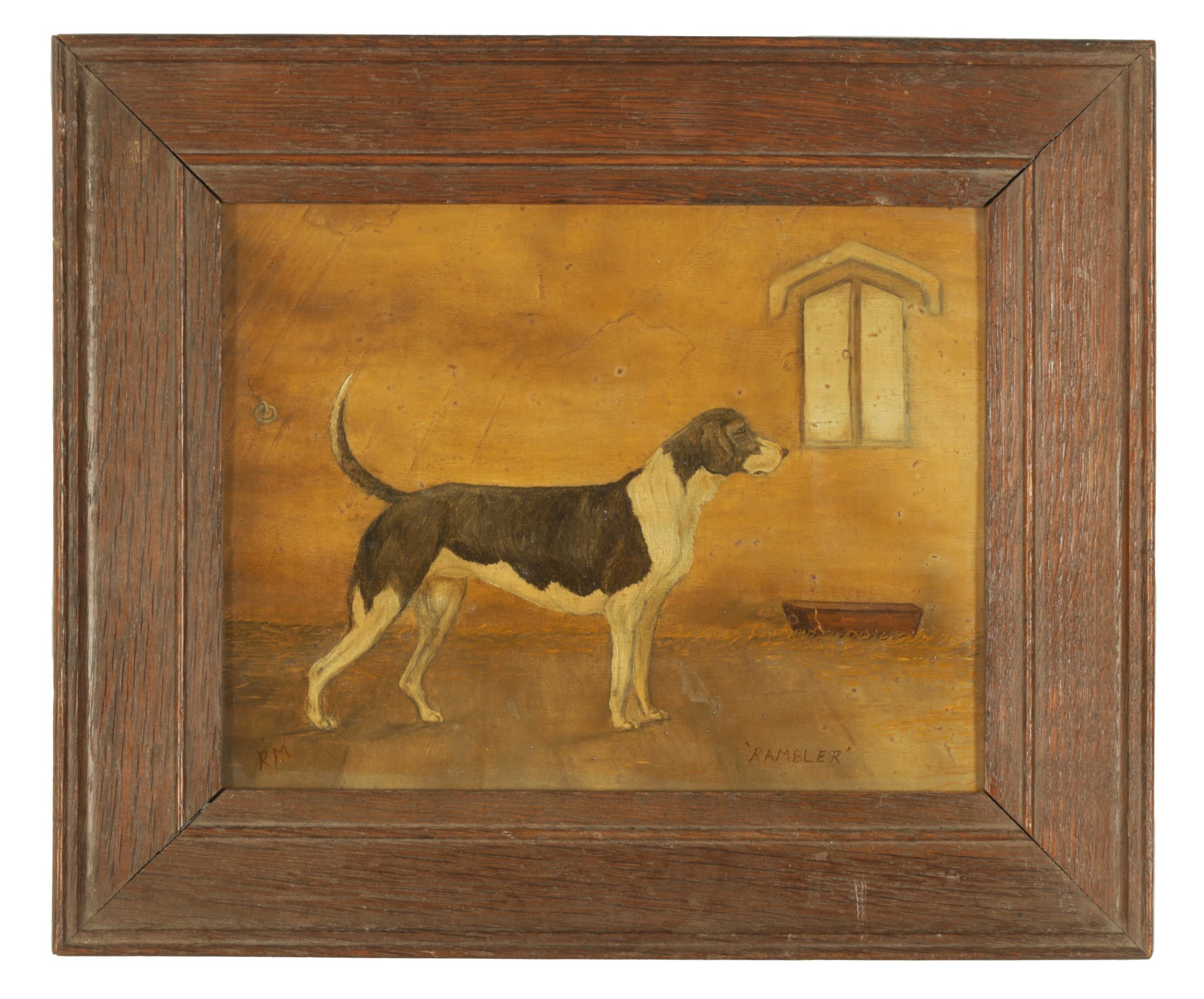 Peinture à l'huile ancienne anglaise primitive représentant un chien dans un intérieur de ferme, signée