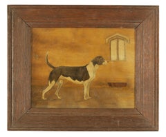 Antique English Primitive Dog Oil Painting - Hound in a Stable Interior, signed