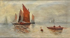 Fishing Boats at Sea Tranquil Antique English Oil Painting in Gilt Frame