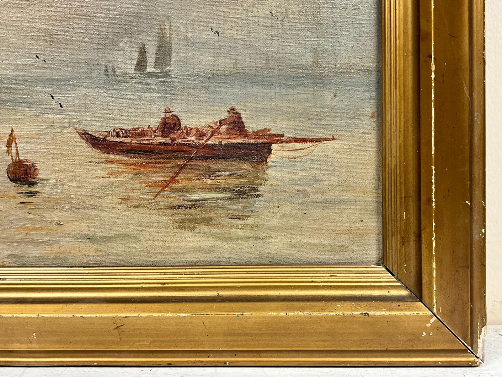 Fishing Boats at Sea Tranquil Antique English Oil Painting in Gilt Frame 1