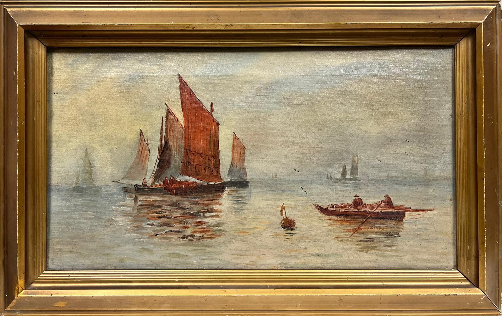 Antique British Figurative Painting - Fishing Boats at Sea Tranquil Antique English Oil Painting in Gilt Frame