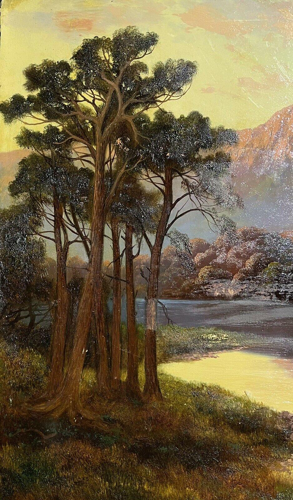 Highland Loch Scene at Sunset, Beautiful Tranquil Water, Antique oil painting - Victorian Painting by Antique British