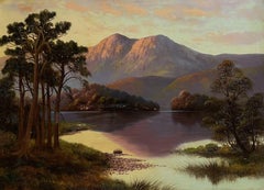 Highland Loch Scene at Sunset, Beautiful Tranquil Water, Antique oil painting