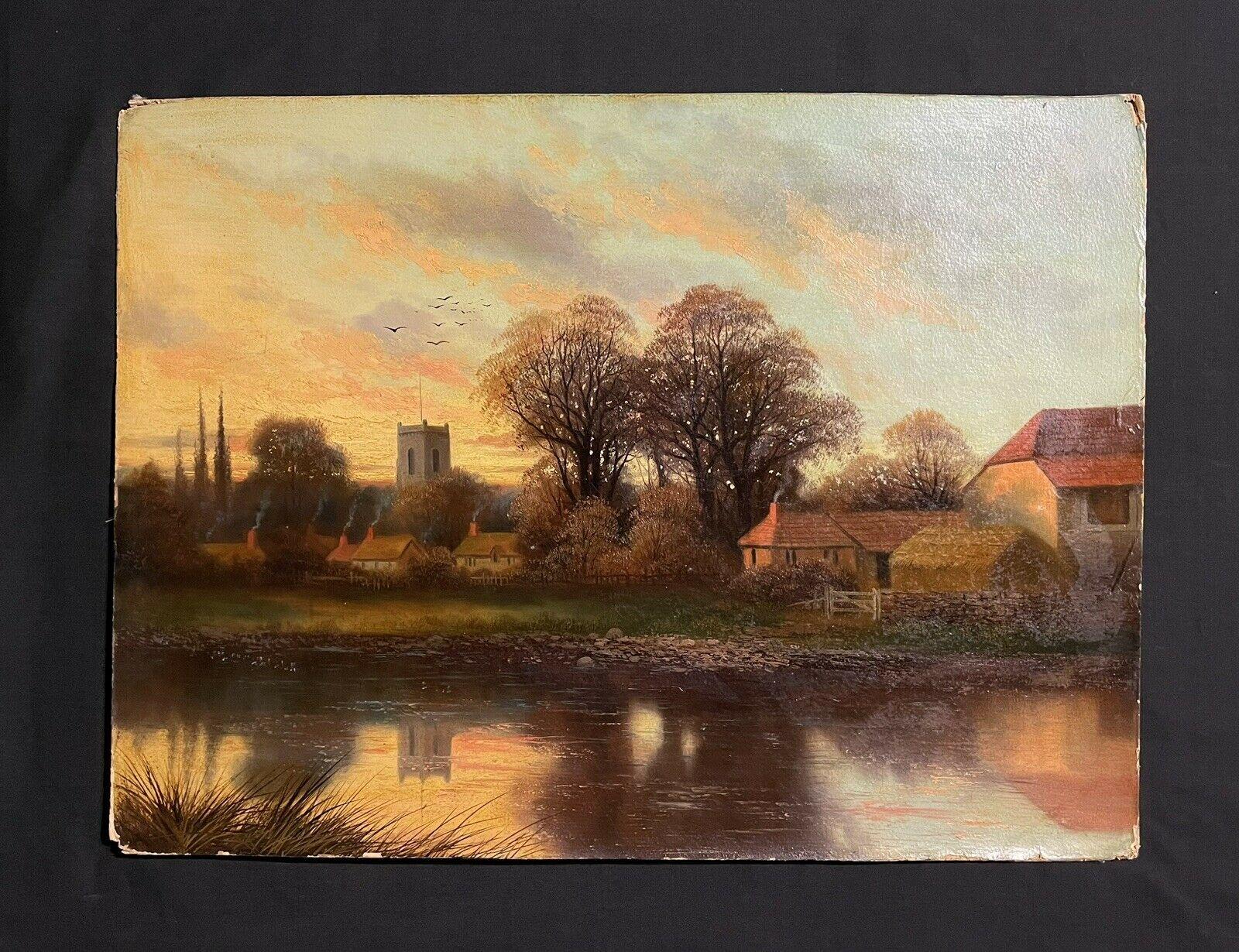 Sunset over the River & Meadows with Church Spire, Antique English Oil - Painting by Antique British