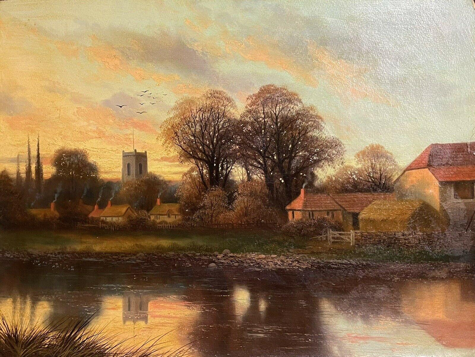Antique British Sunset over the River and Meadows with Church Spire