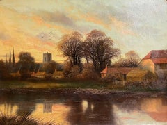 Sunset over the River & Meadows with Church Spire, Antique English Oil