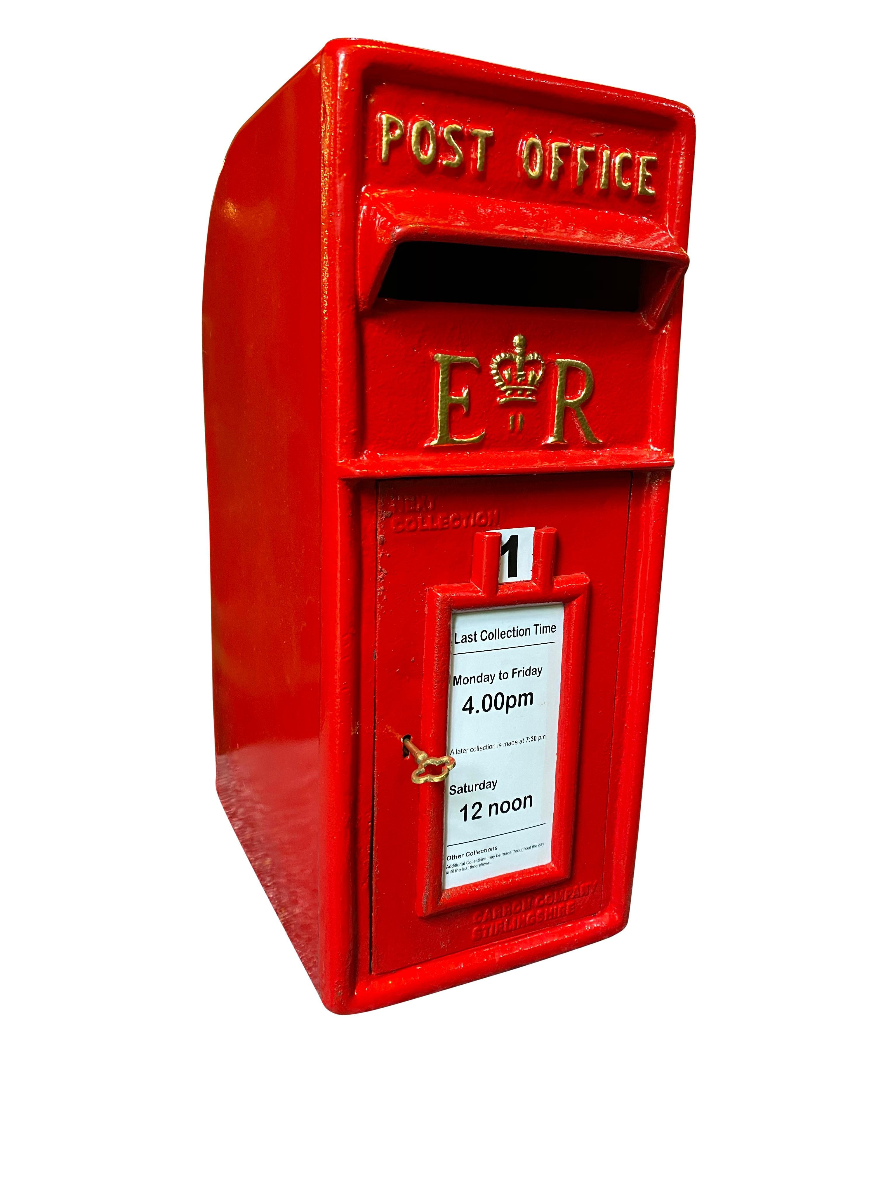 A stunning Antique British Royal Mail Queen Elizabeth 2nd red post box. This British Royal Mail post box is replicated from the Queen Elizabeth 2nd era and is made with a cast iron from and steel back.
It has been faithfully reproduced to the