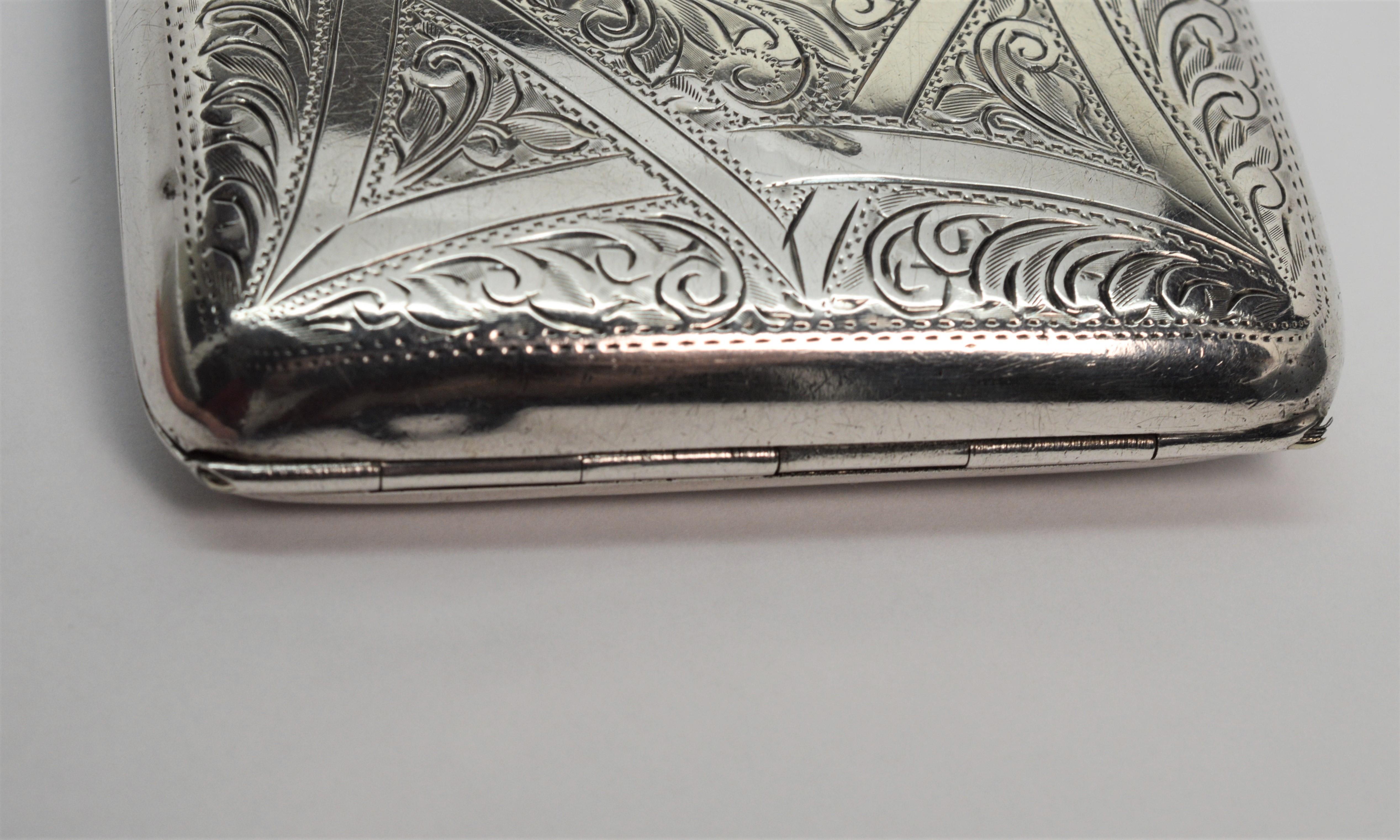 Antique British Sterling Silver Engraved Cigarette Case In Good Condition In Mount Kisco, NY