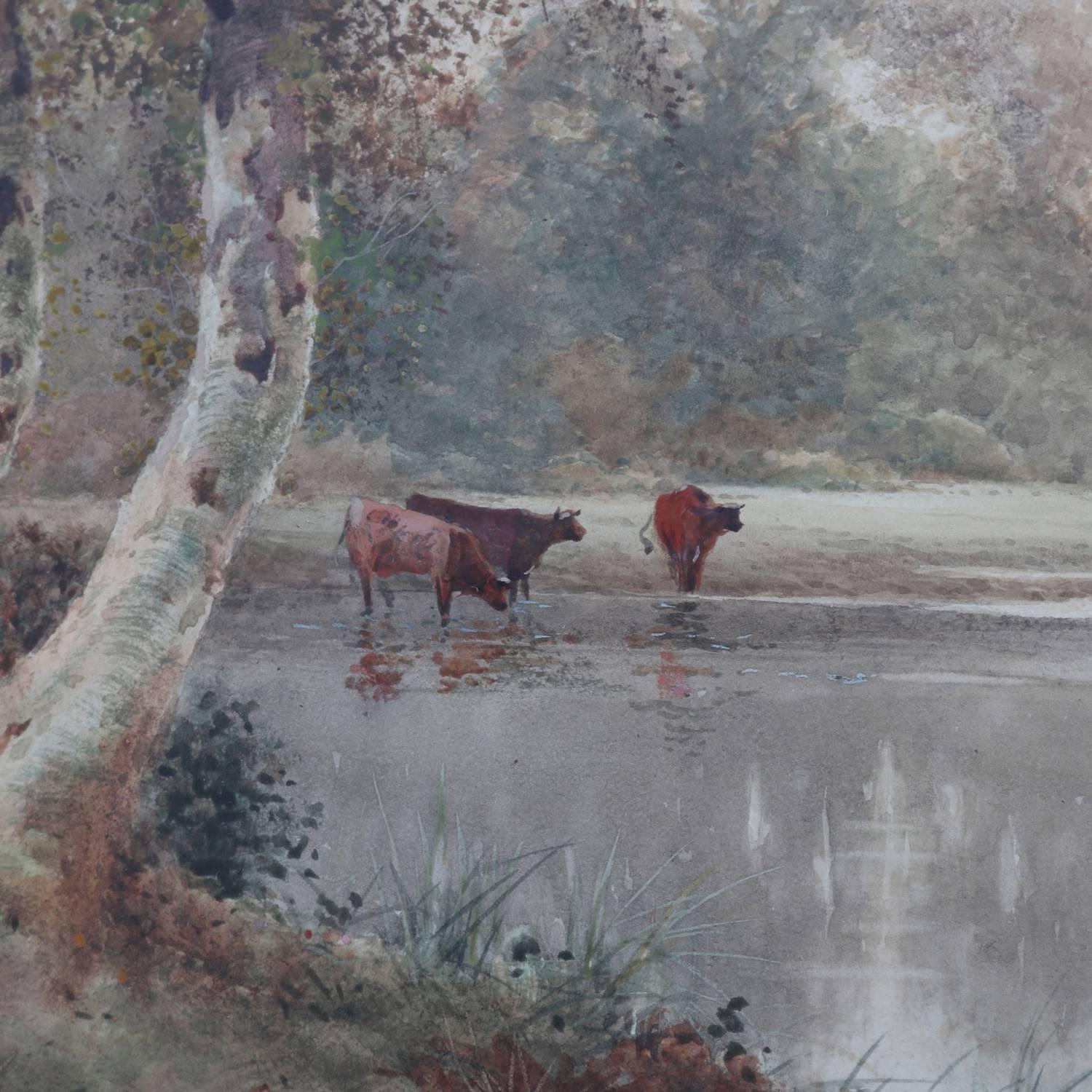 Antique English landscape watercolor painting by Creswick Boydell, R.C.A. (Royal Academy of Art), depicts grazing cattle (cows) near pond or river, reminiscent of Hudson River School, circa 1903

Measures - fr: 23