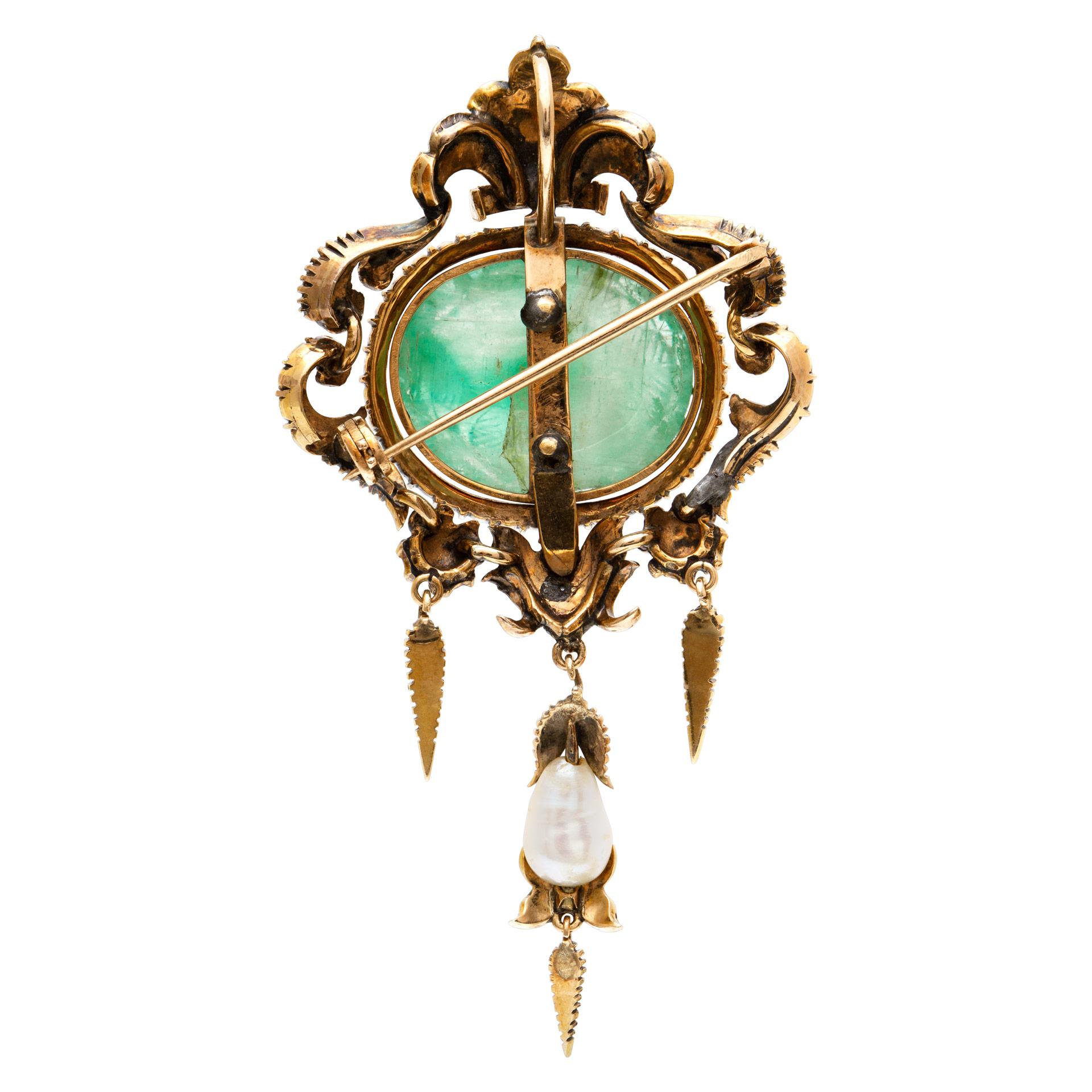Victorian Antique Broach/Pendant with Emerald Cabochon, Rose Cut & Cushion Cut Diamonds