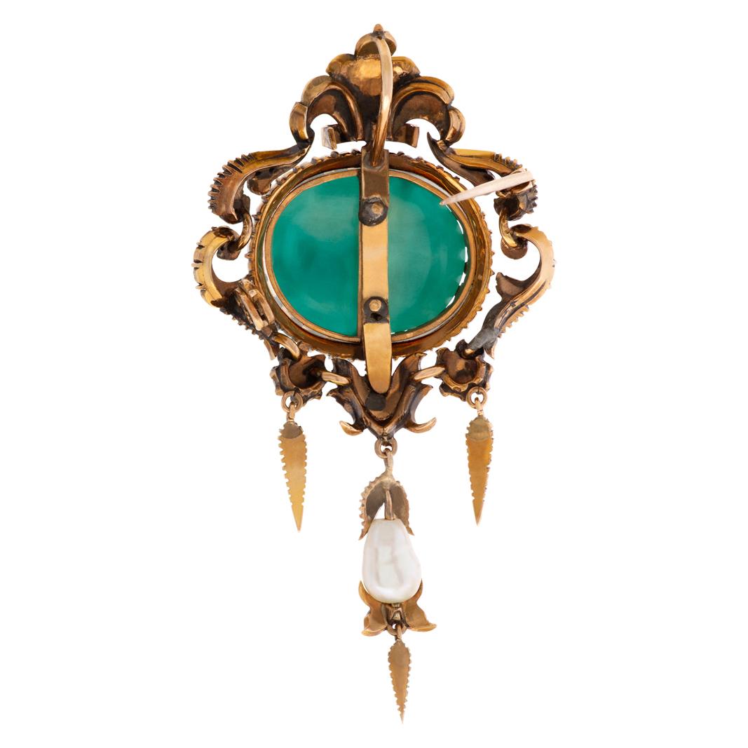 Antique Broach/Pendant with Emerald Cabochon, Rose Cut & Cushion Cut Diamonds In Good Condition In Surfside, FL