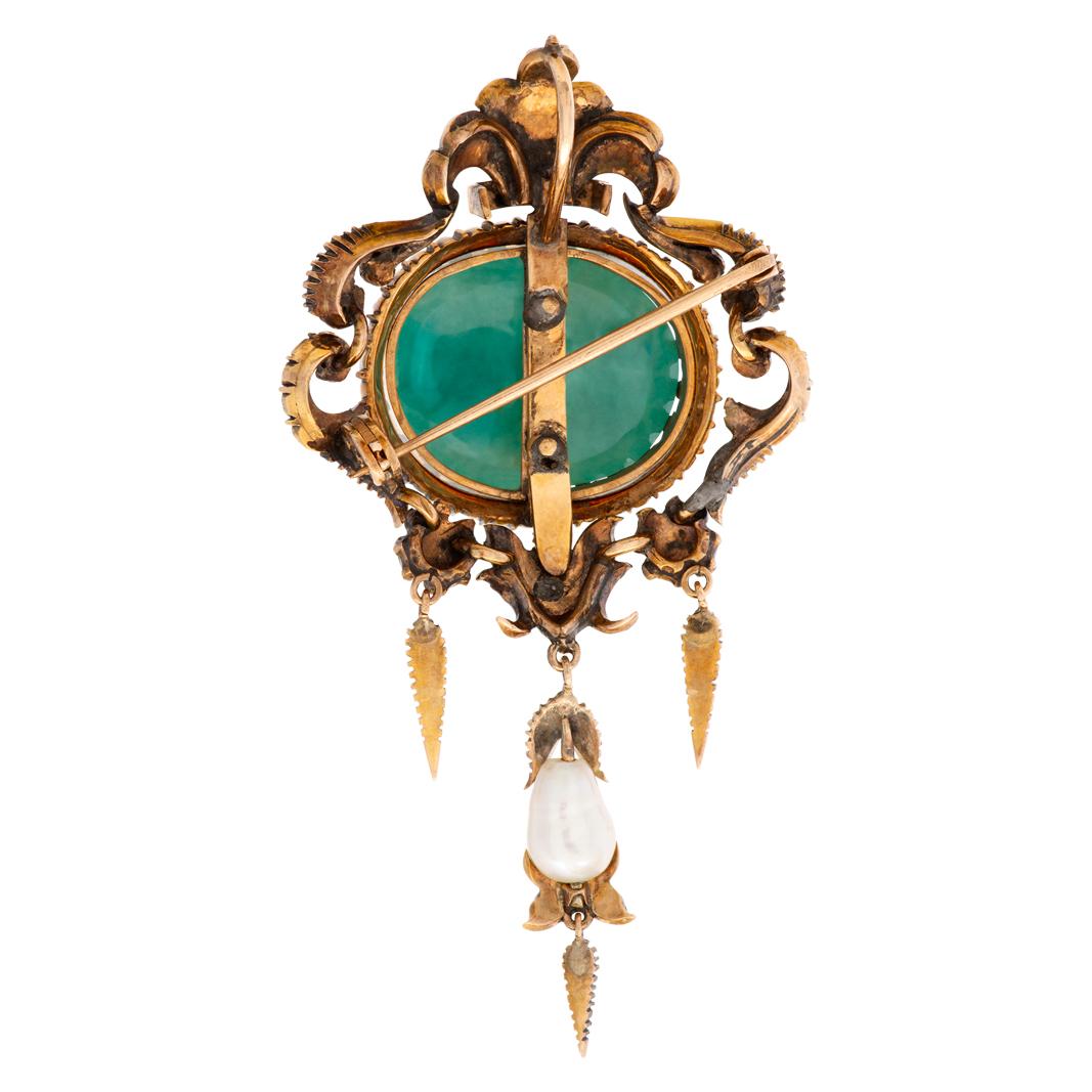 Women's Antique Broach/Pendant with Emerald Cabochon, Rose Cut & Cushion Cut Diamonds
