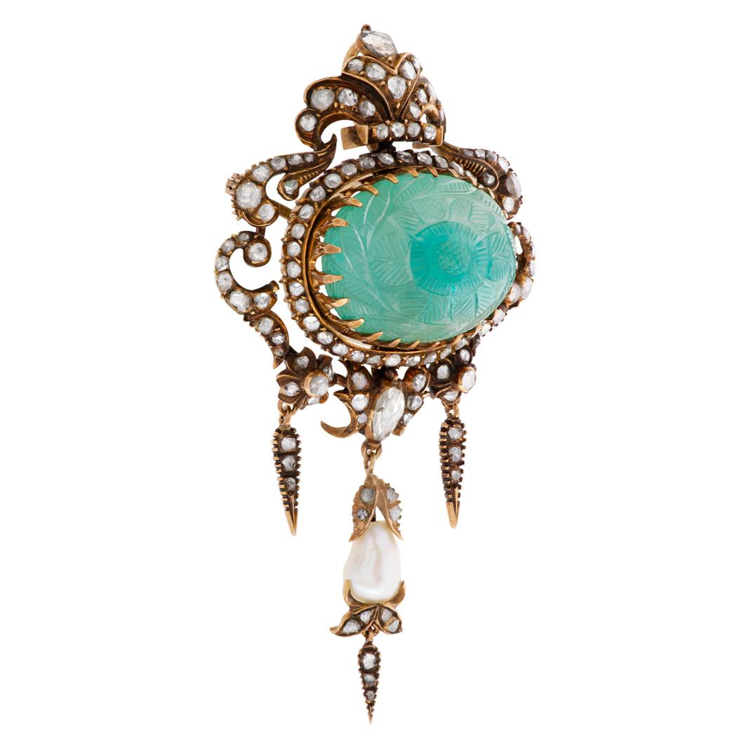 Antique Broach/Pendant with Emerald Cabochon, Rose Cut & Cushion Cut Diamonds 2