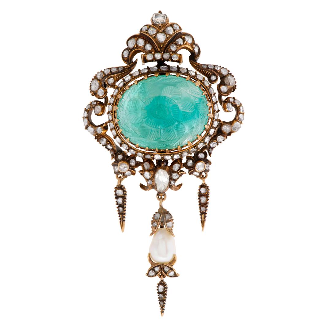Antique Broach/Pendant with Emerald Cabochon, Rose Cut & Cushion Cut Diamonds 3