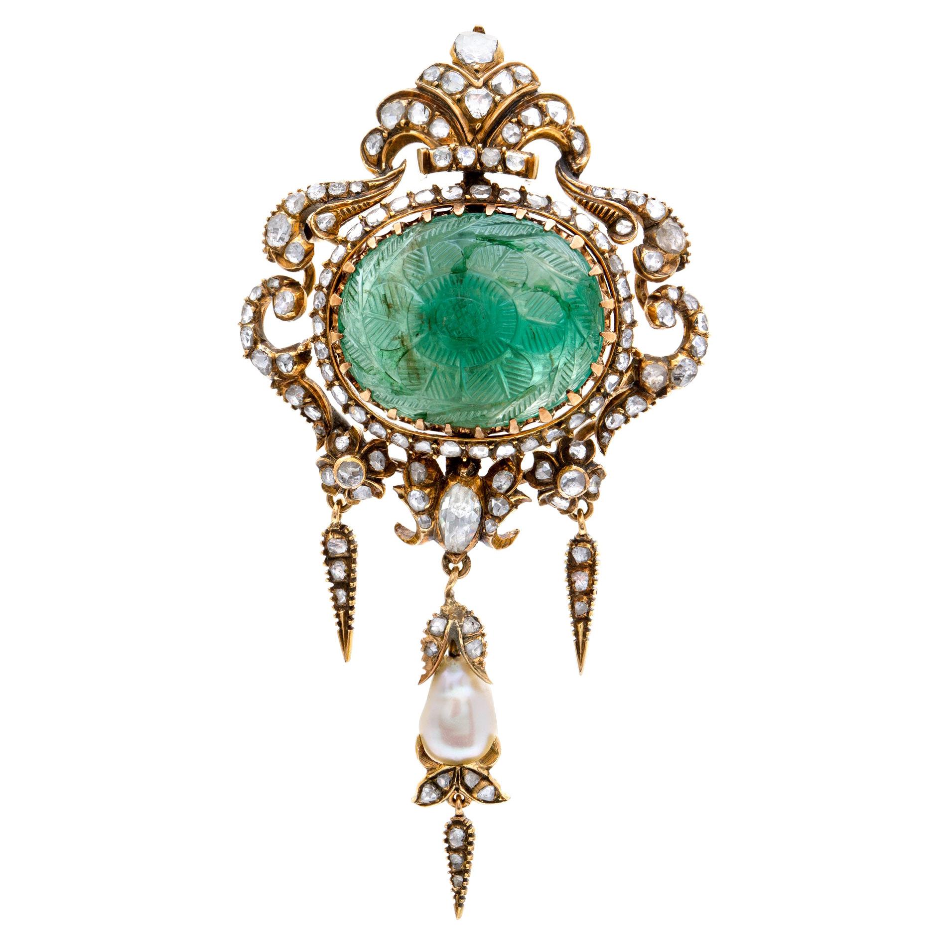 Antique Broach/Pendant with Emerald Cabochon, Rose Cut & Cushion Cut Diamonds