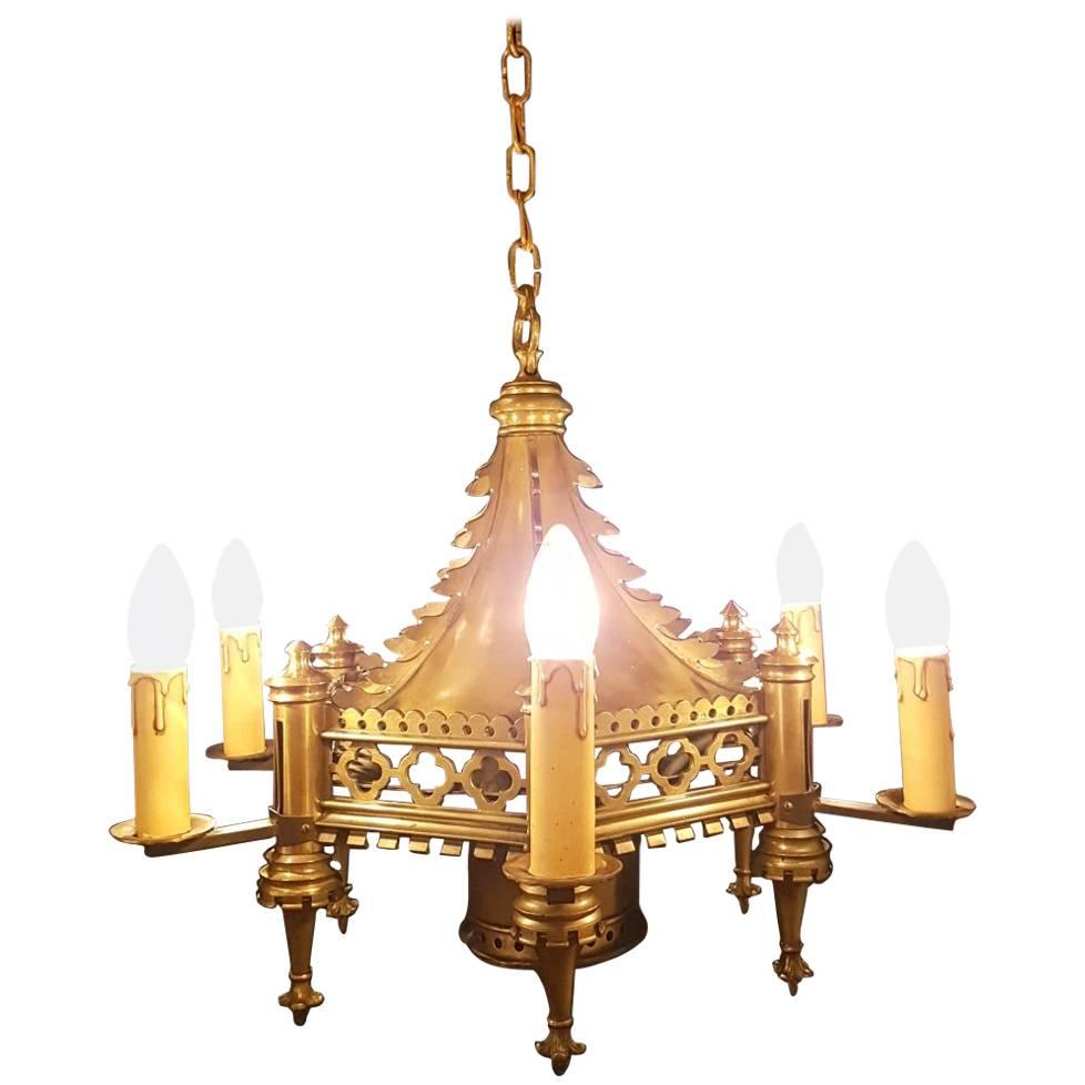 Antique Bronze 19th Century Gothic Church Chandelier, Dated 1890 For Sale