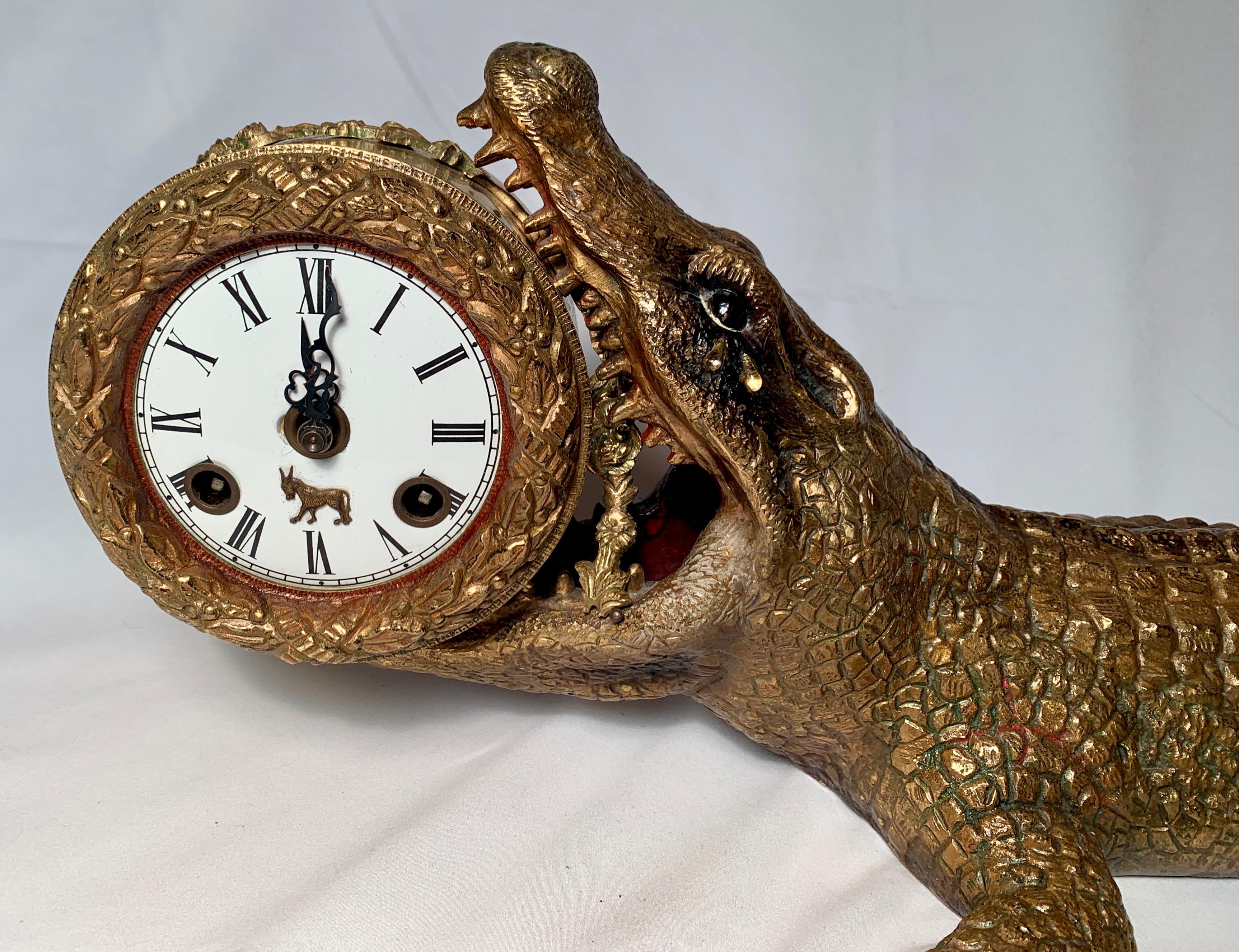 Antique bronze alligator clock, circa 1900.