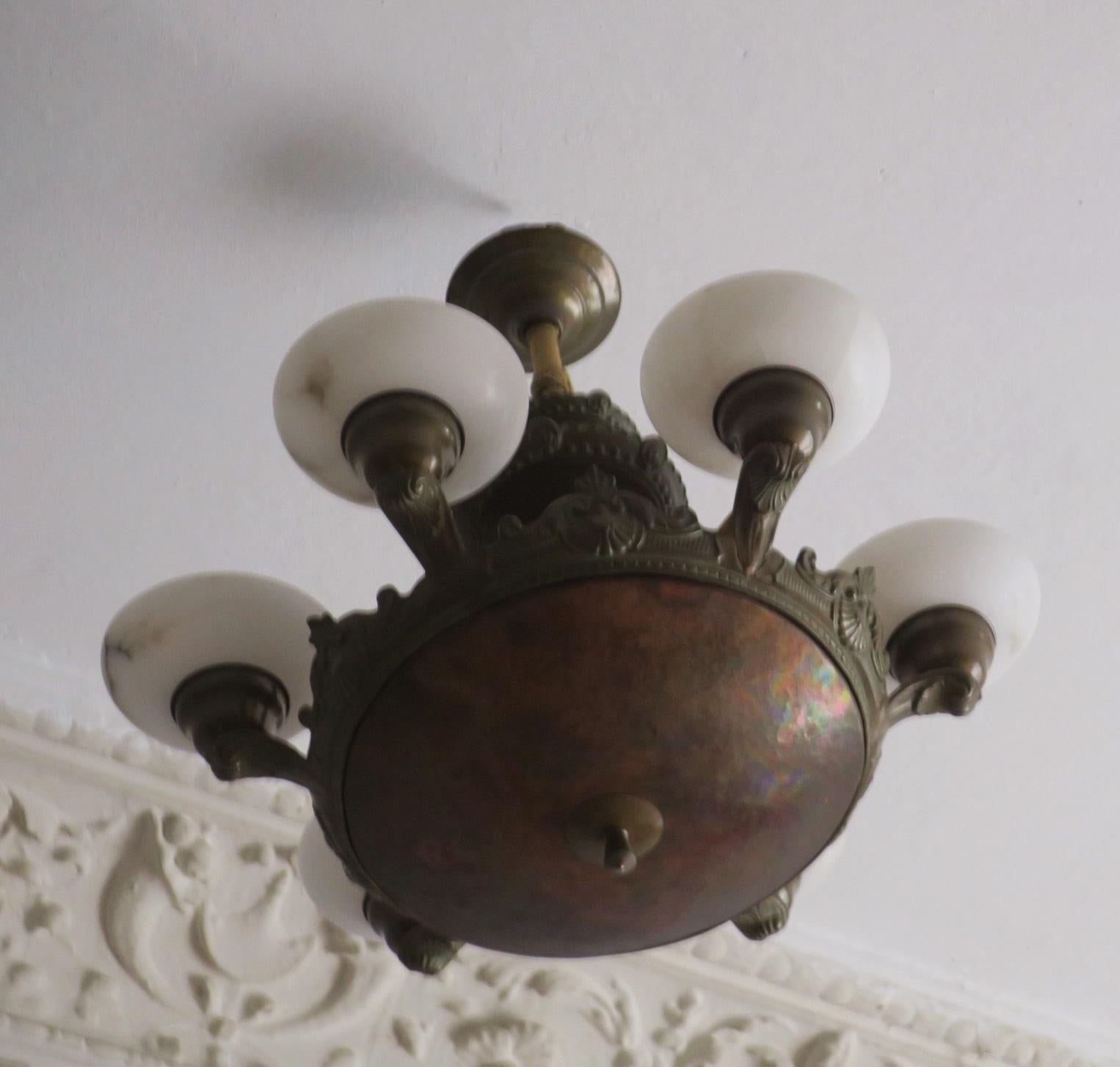 German Antique Bronze and Alabaster Chandelier with Six Lights For Sale