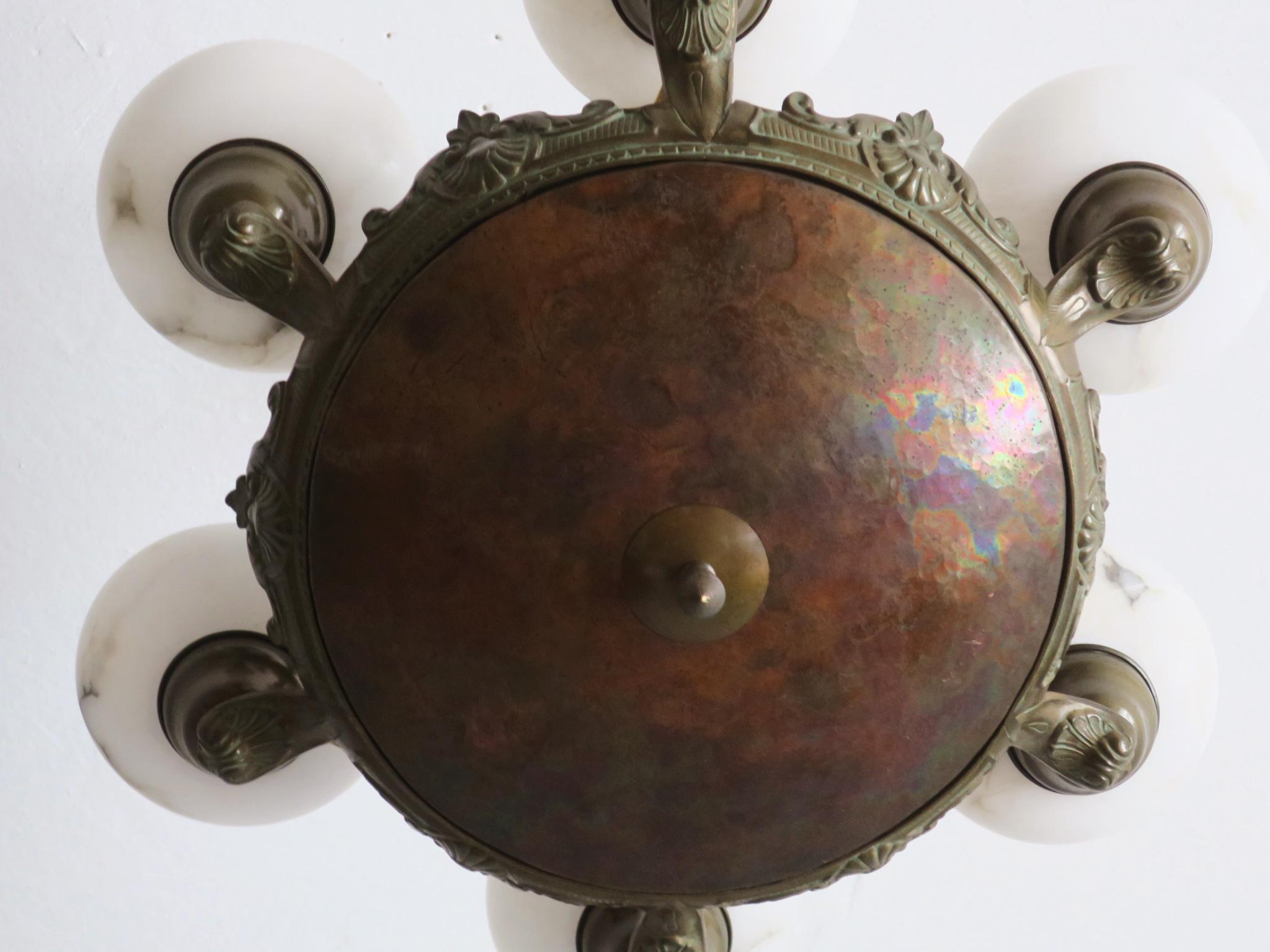 Antique Bronze and Alabaster Chandelier with Six Lights In Good Condition For Sale In Berlin, DE