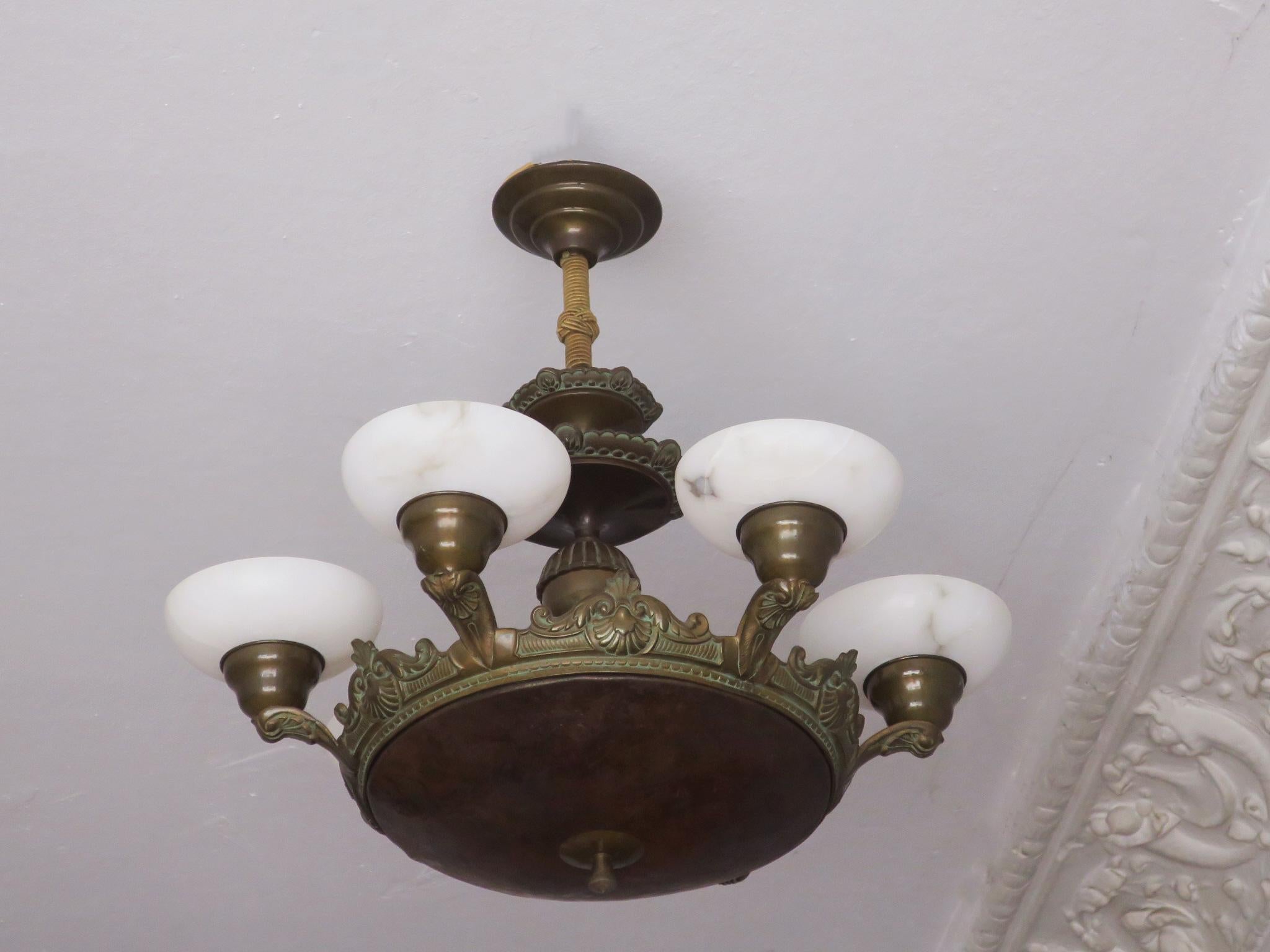 Antique Bronze and Alabaster Chandelier with Six Lights For Sale 1