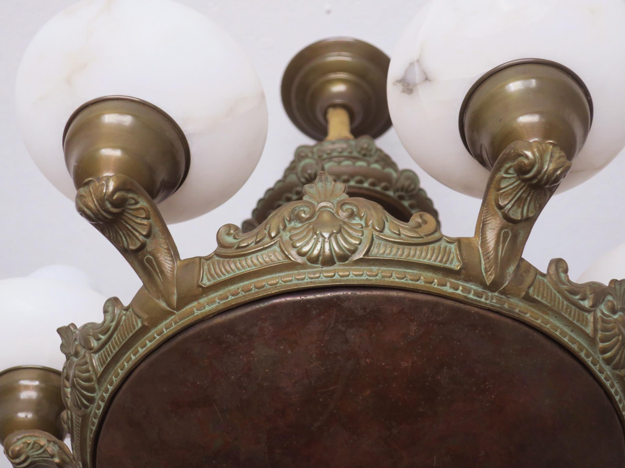 Antique Bronze and Alabaster Chandelier with Six Lights For Sale 3