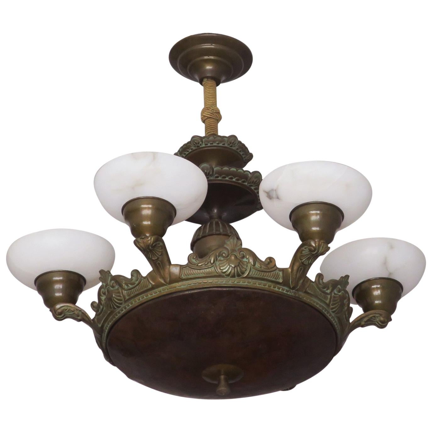 Antique Bronze and Alabaster Chandelier with Six Lights For Sale