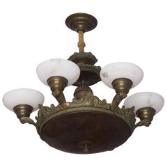 Antique Bronze and Alabaster Chandelier with Six Lights