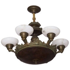 Antique Bronze and Alabaster Chandelier with Six Lights