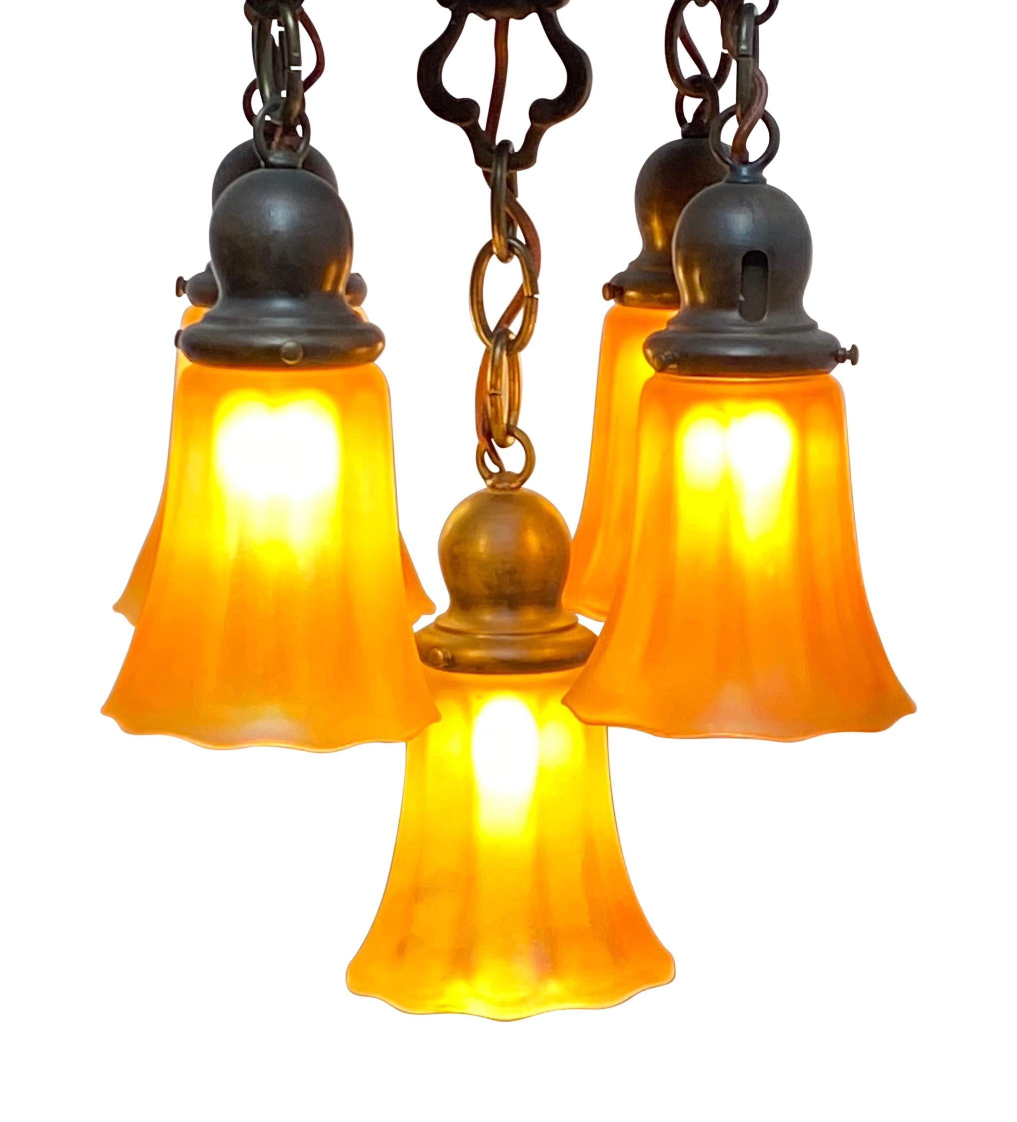 Antique Bronze and Art Glass Light Fixture, American, circa 1920 In Good Condition For Sale In San Francisco, CA