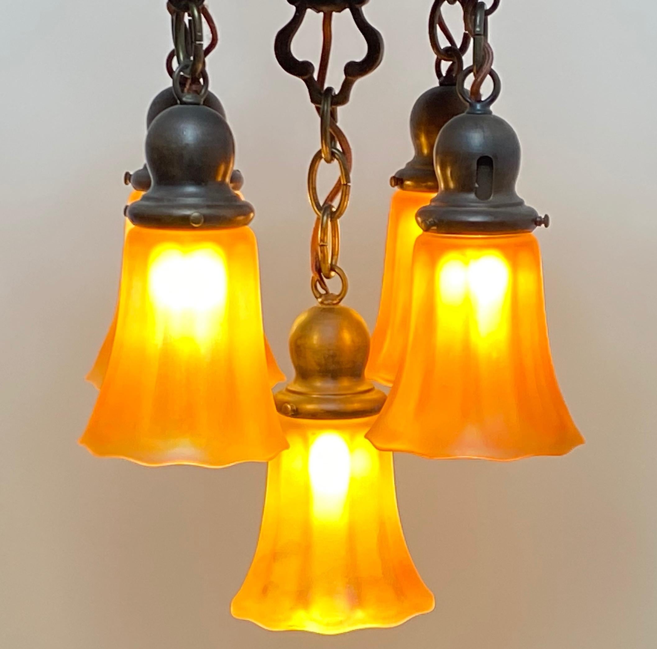 20th Century Antique Bronze and Art Glass Light Fixture, American, circa 1920 For Sale
