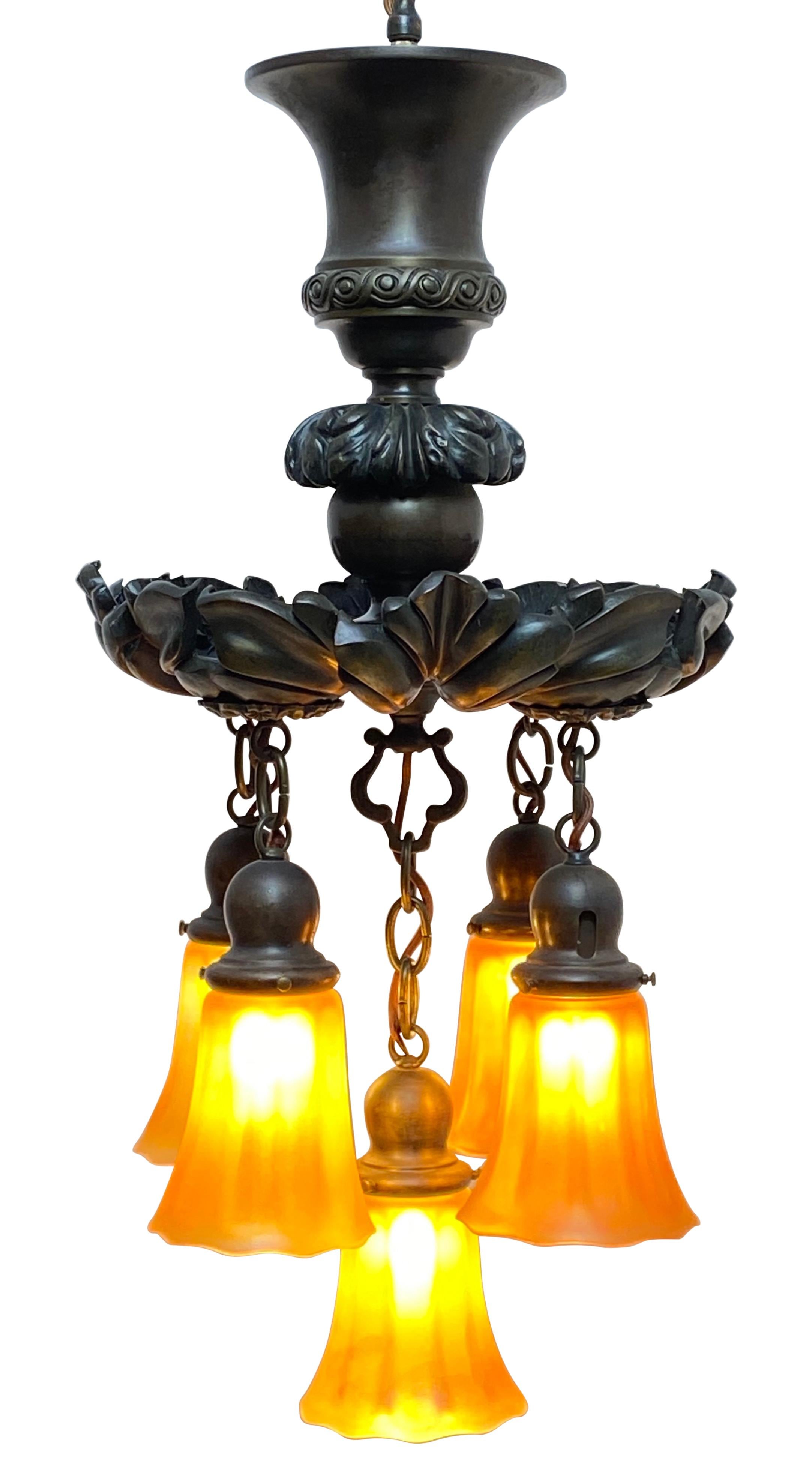 Antique Bronze and Art Glass Light Fixture, American, circa 1920 For Sale 1