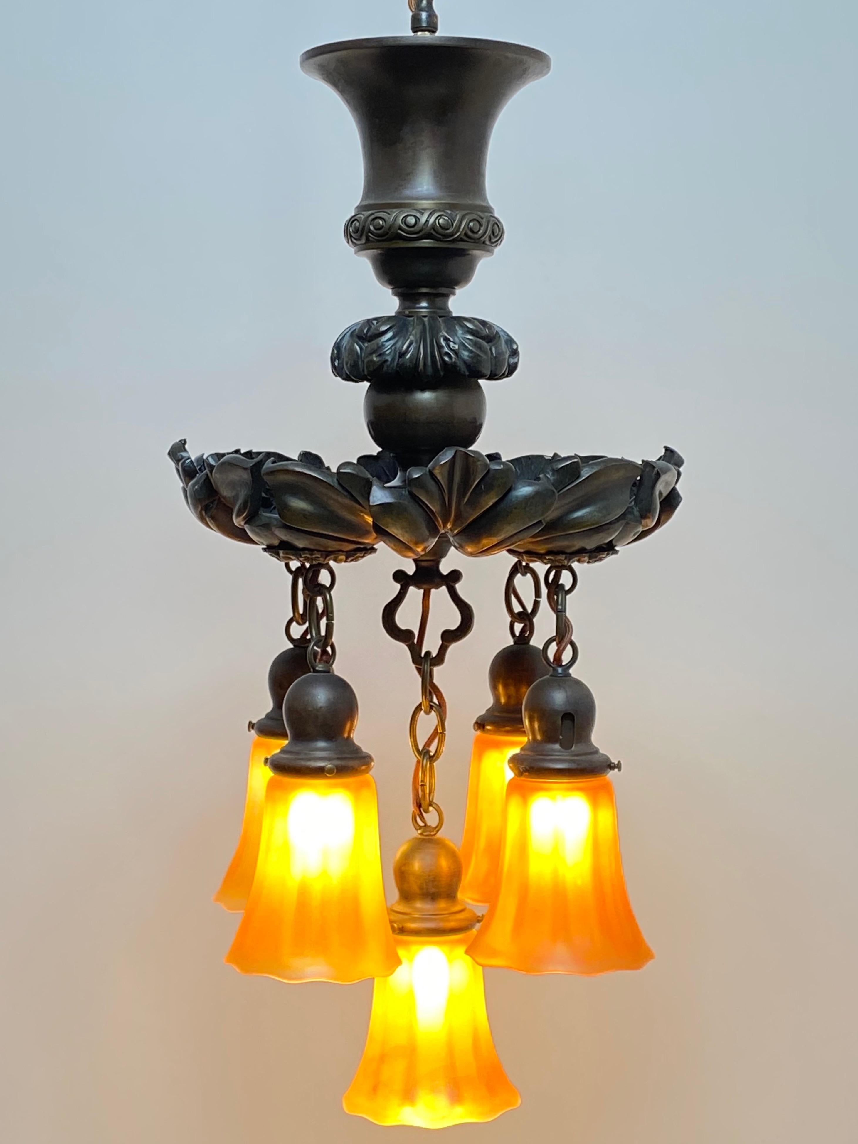Antique Bronze and Art Glass Light Fixture, American, circa 1920 For Sale 2