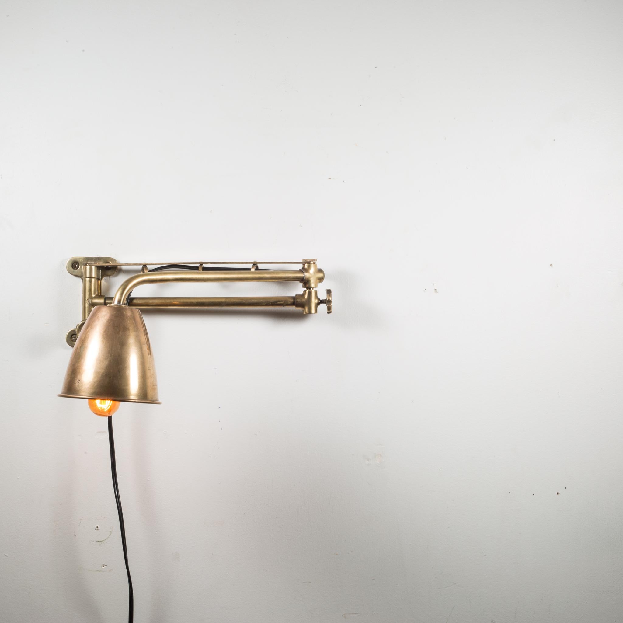 ABOUT

An antique solid bronze and copper plated articulating swing arm boat sconce with original enameled interior. The lamp is in proper working order and the cord is in good condition.

    CREATOR Unknown.
    DATE OF MANUFACTURE c.1900-1930.
  