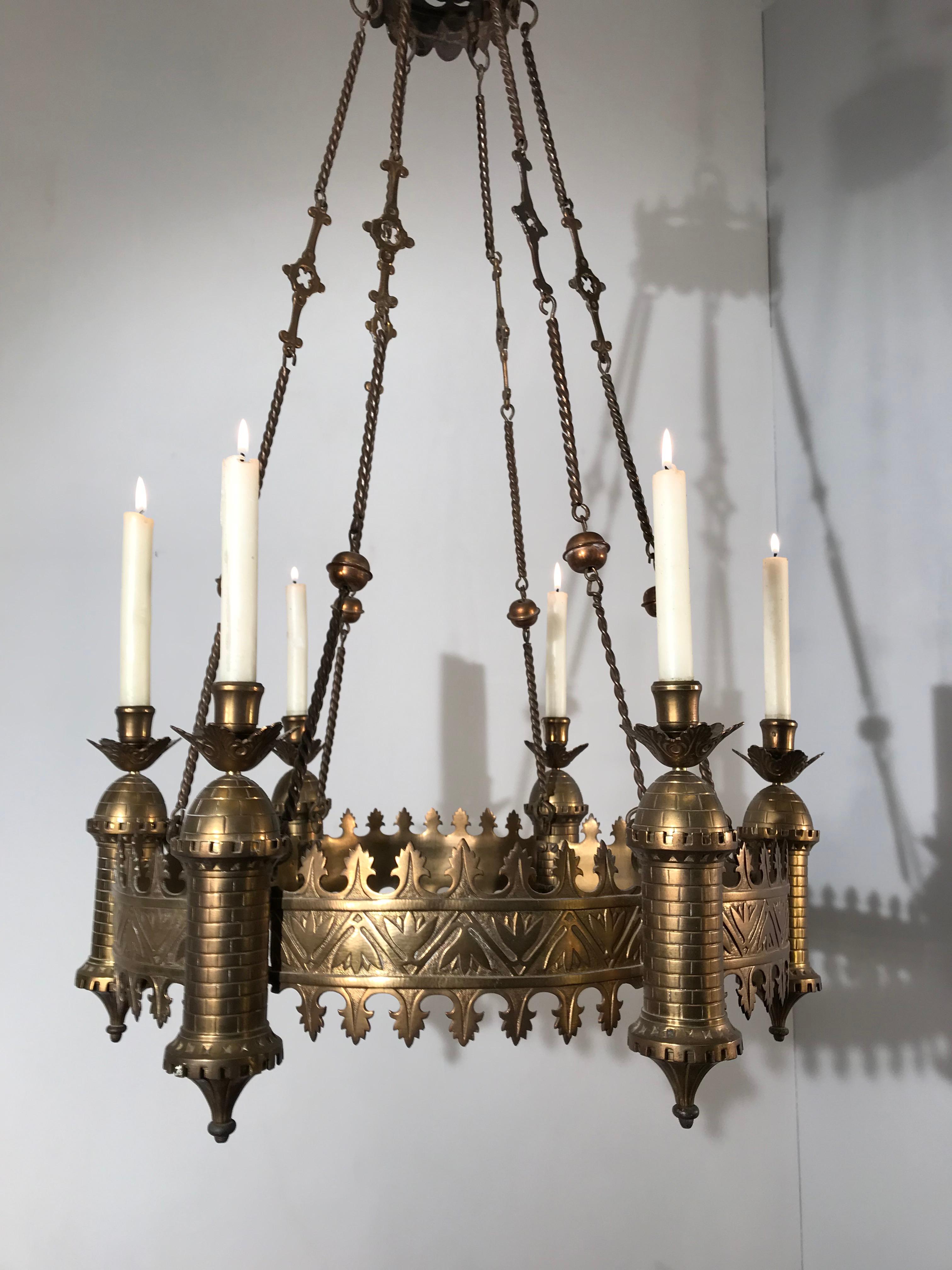 Antique Bronze and Brass Castle Tower Design Gothic Revival Candle Chandelier 4
