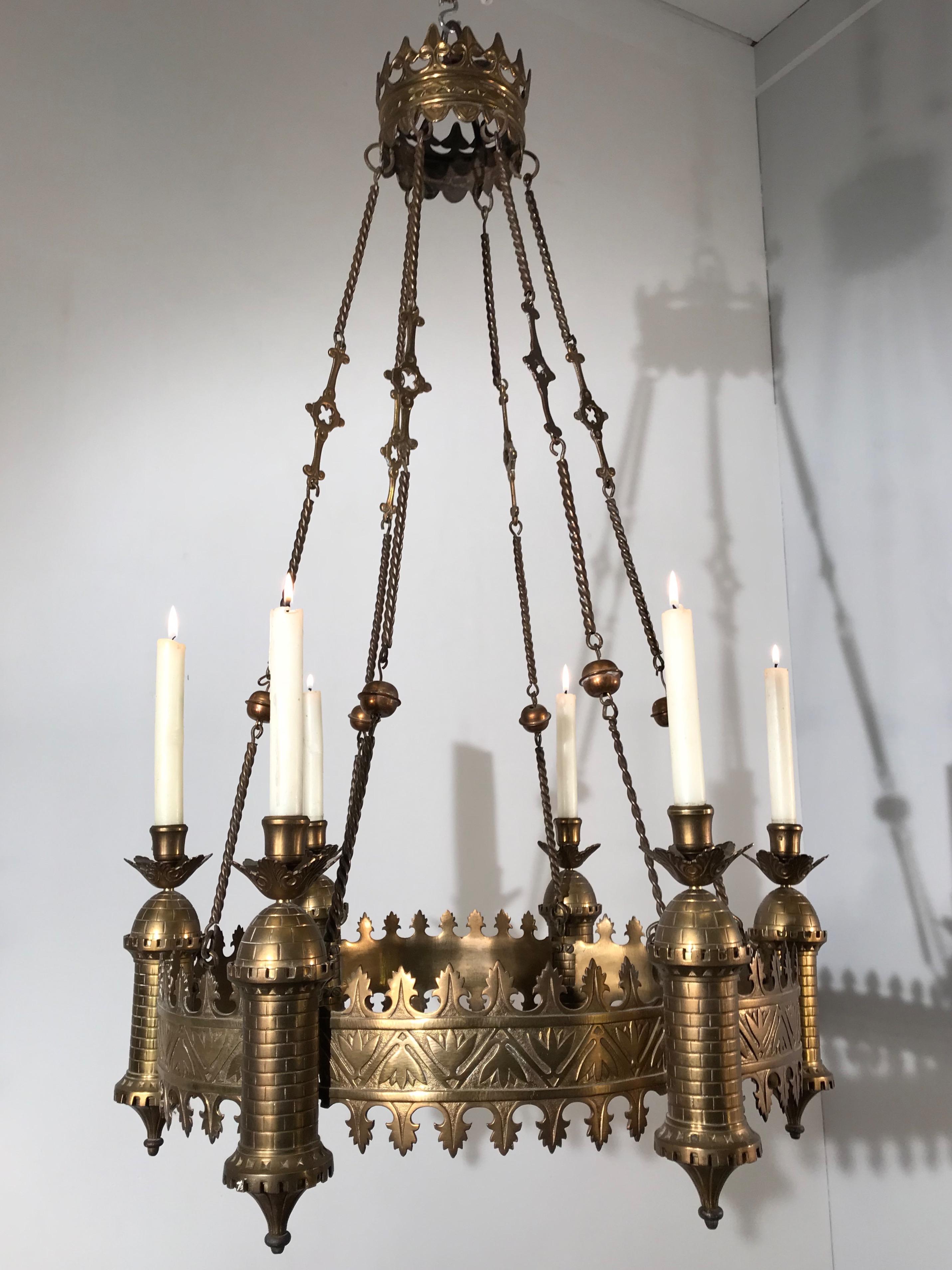 Antique Bronze and Brass Castle Tower Design Gothic Revival Candle Chandelier 5