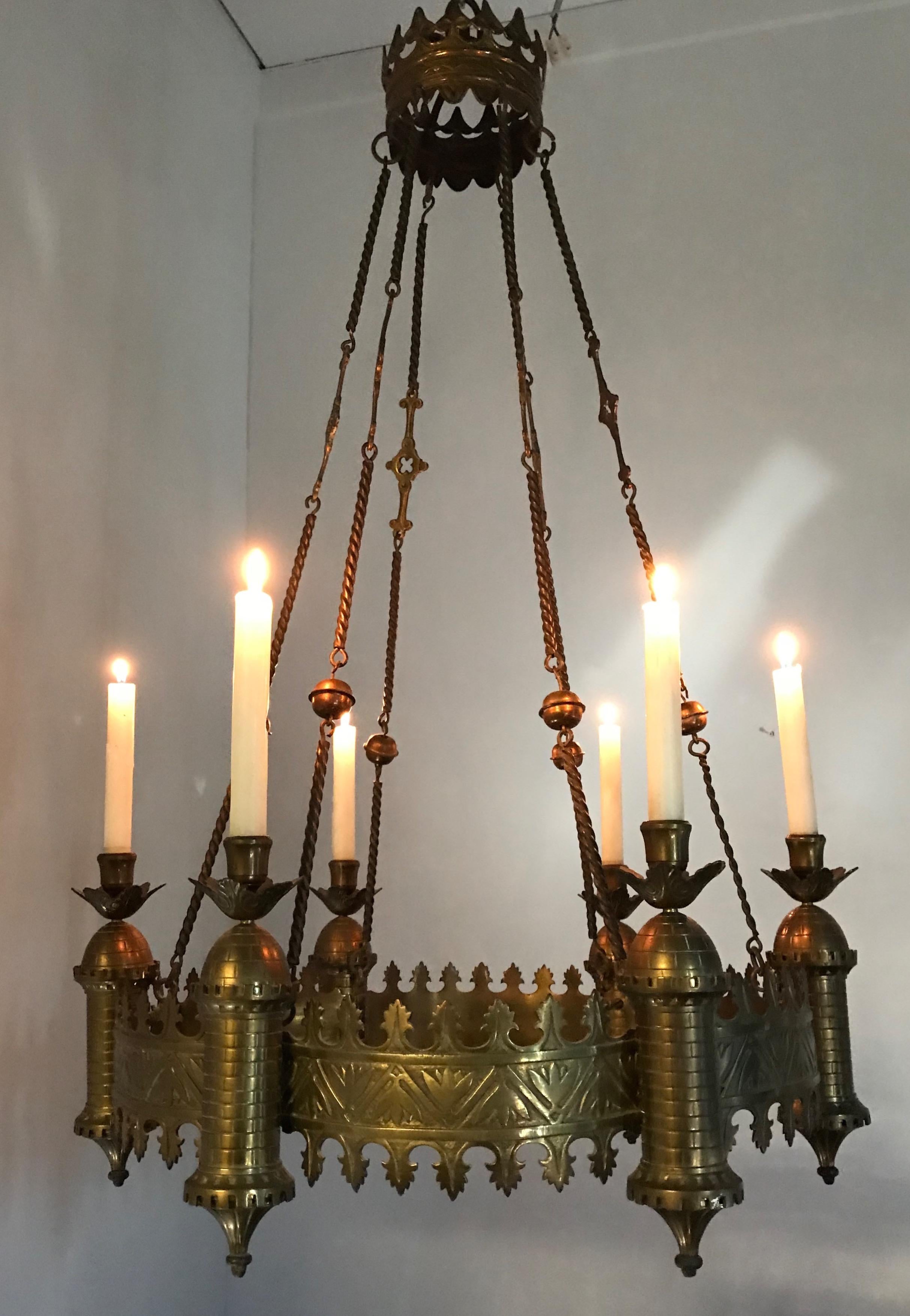 Antique Bronze and Brass Castle Tower Design Gothic Revival Candle Chandelier 6