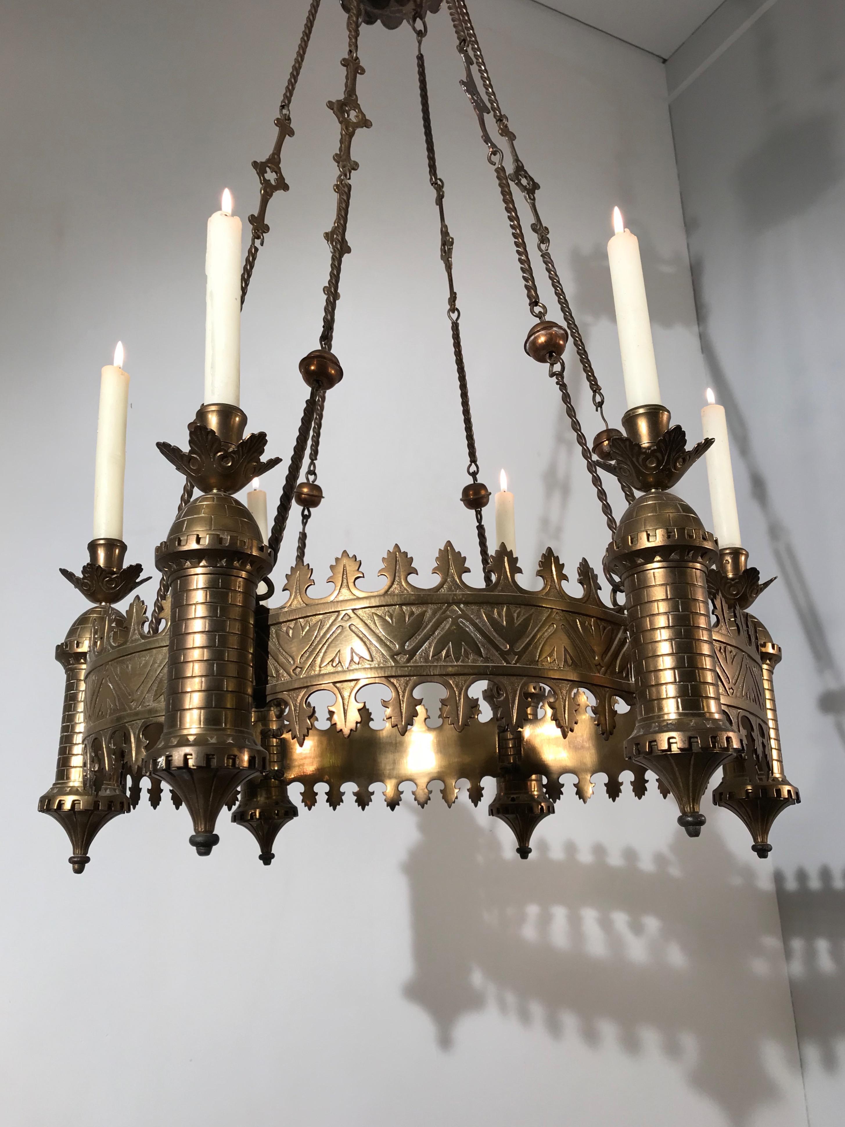 Antique Bronze and Brass Castle Tower Design Gothic Revival Candle Chandelier 7