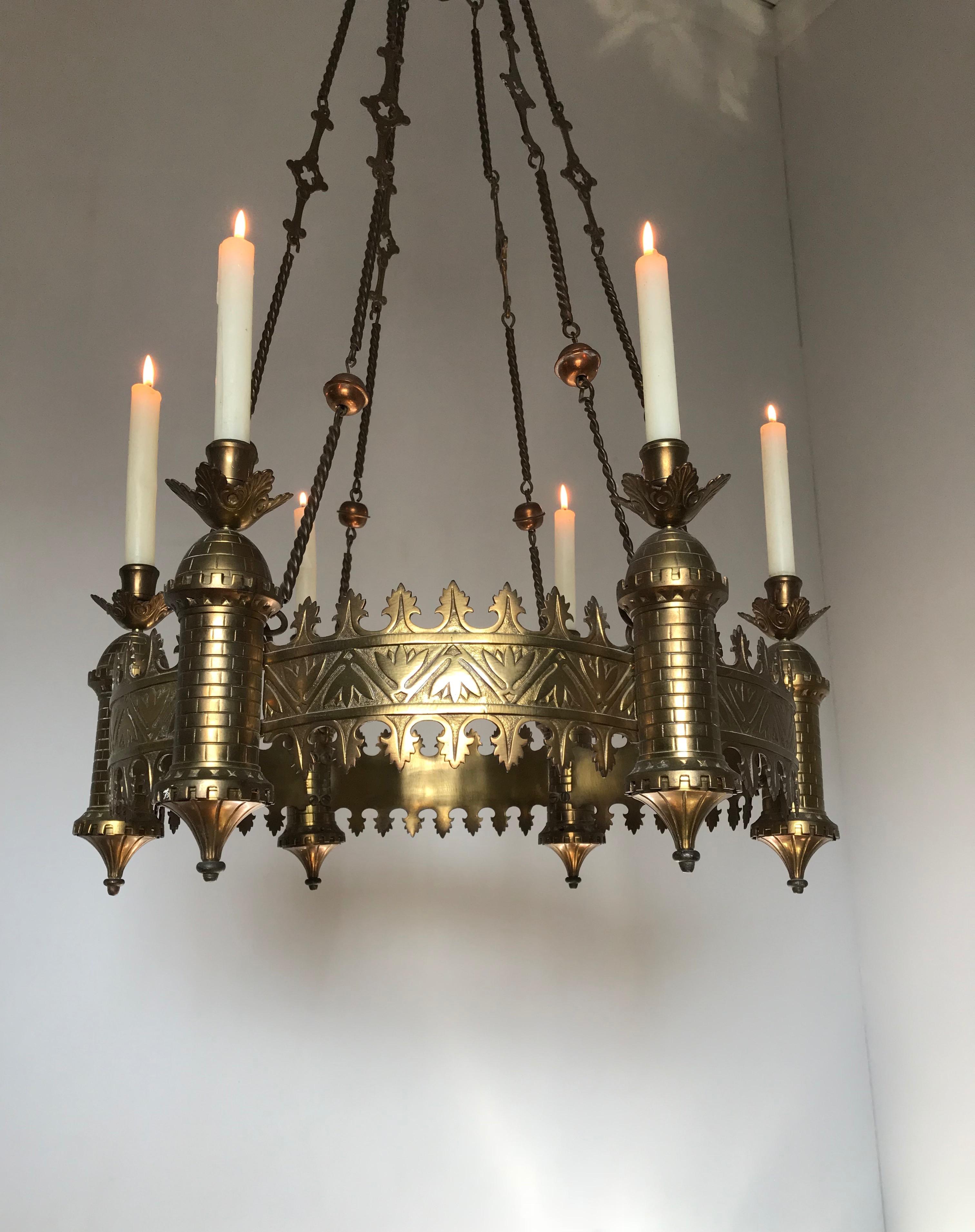 Antique Bronze and Brass Castle Tower Design Gothic Revival Candle Chandelier 9