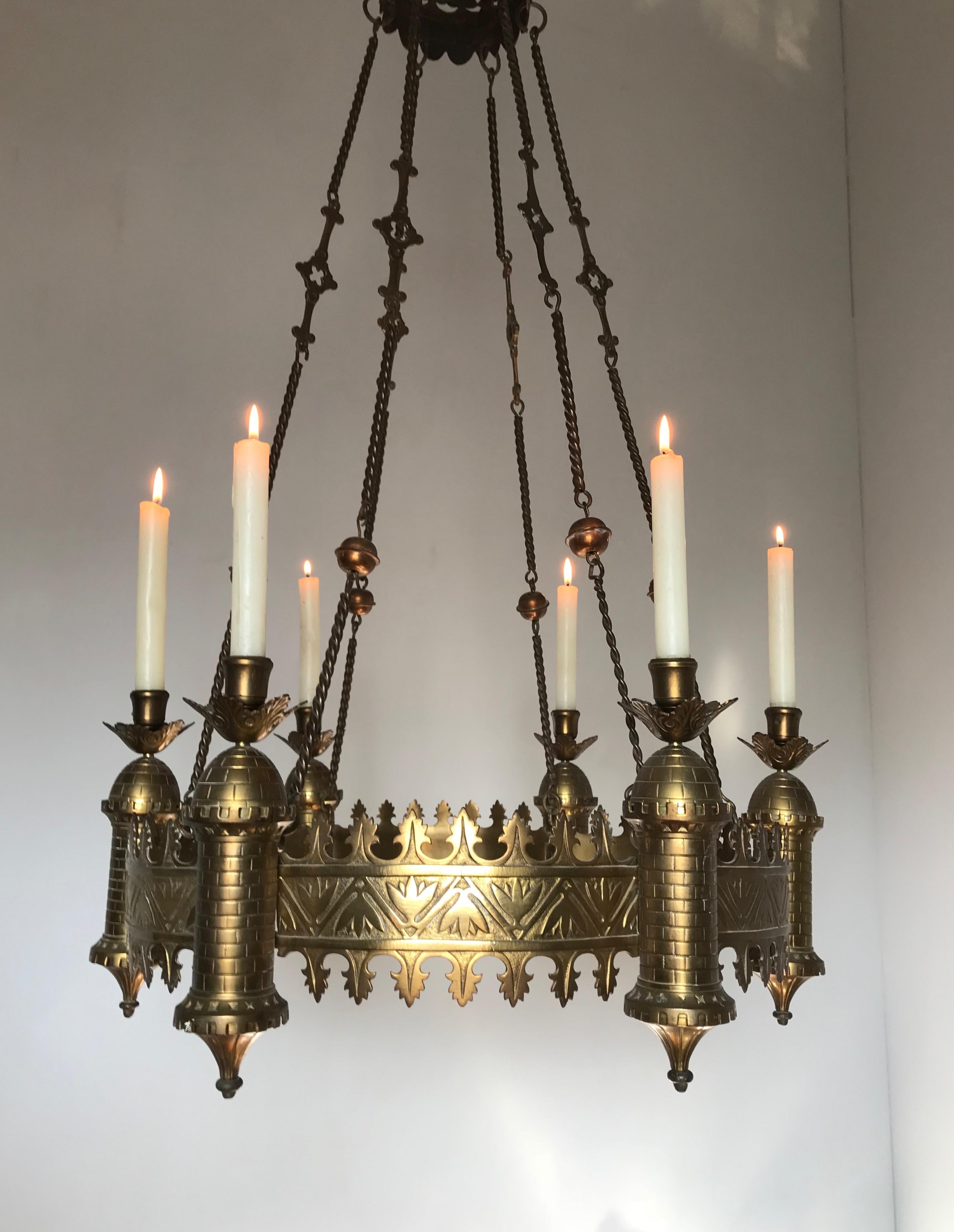 Antique Bronze and Brass Castle Tower Design Gothic Revival Candle Chandelier 10