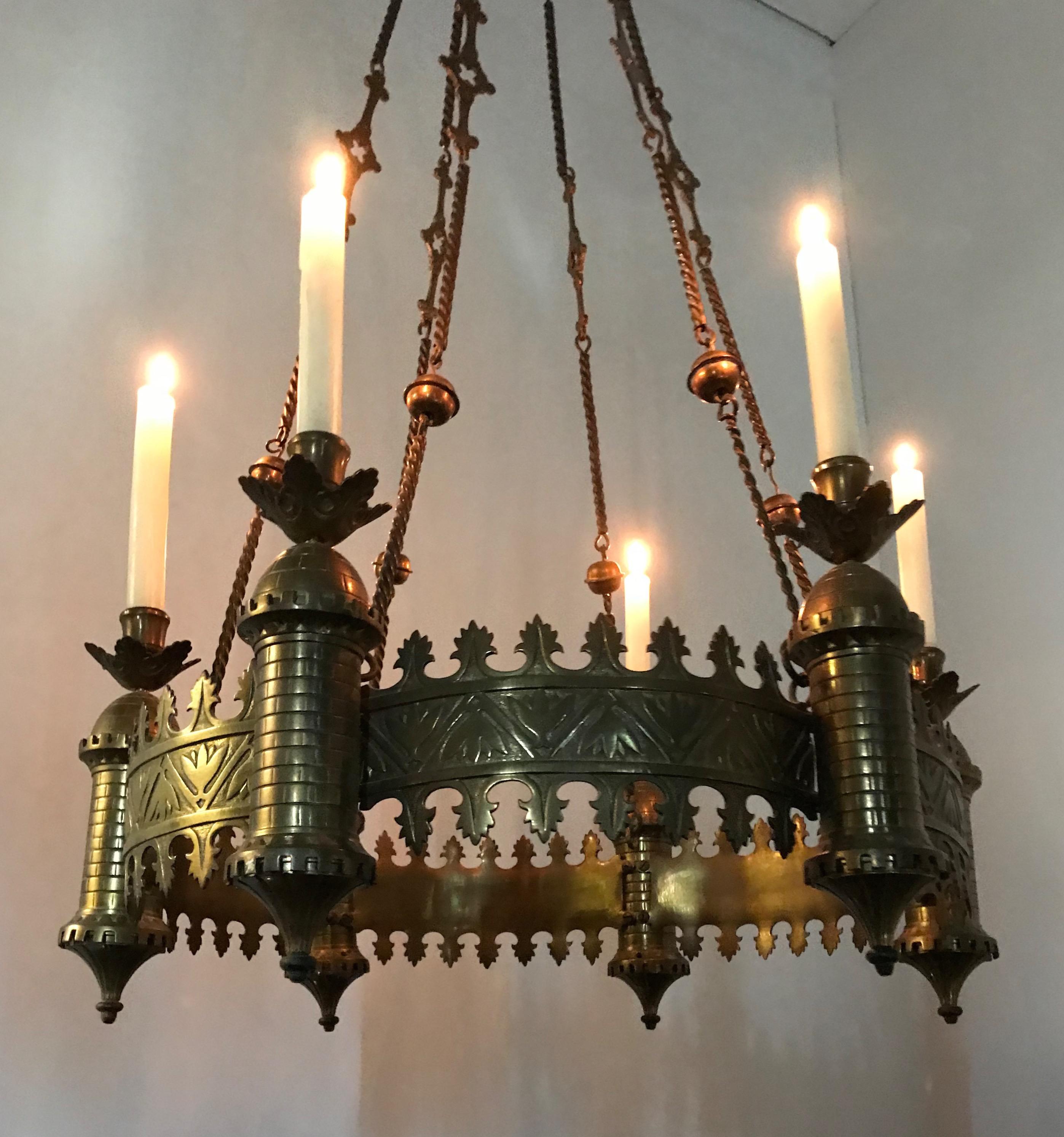 Antique Bronze and Brass Castle Tower Design Gothic Revival Candle Chandelier 11