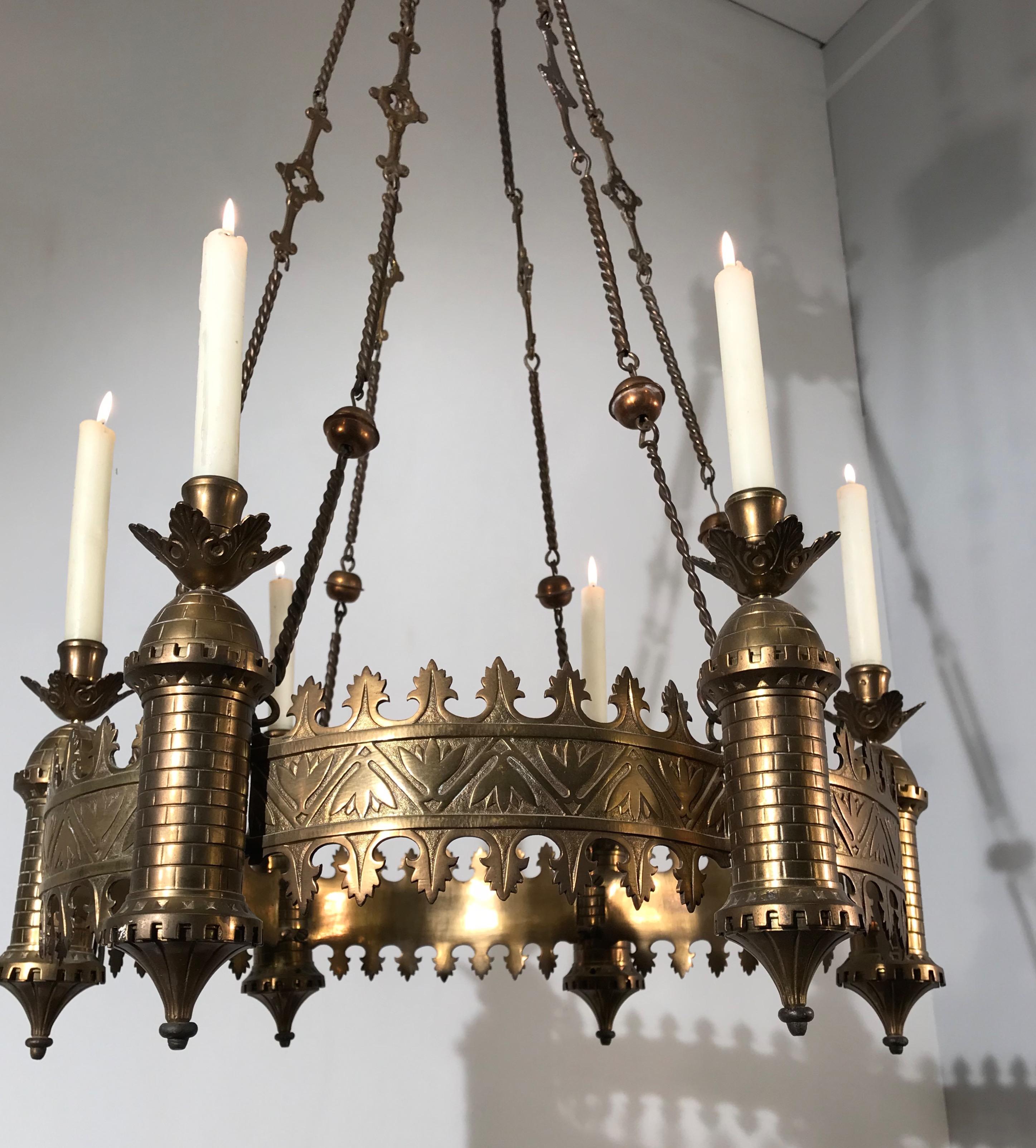 French Antique Bronze and Brass Castle Tower Design Gothic Revival Candle Chandelier