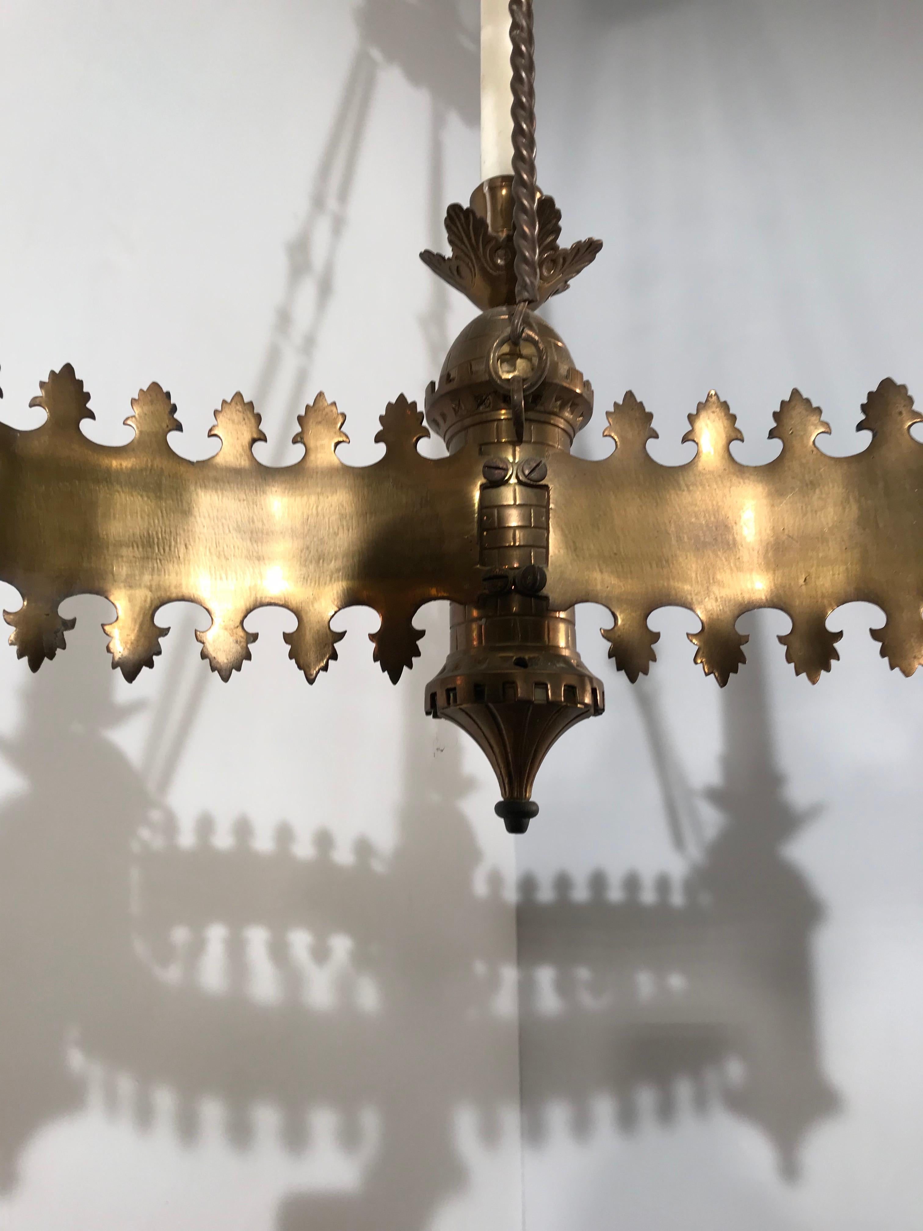 Antique Bronze and Brass Castle Tower Design Gothic Revival Candle Chandelier In Good Condition In Lisse, NL