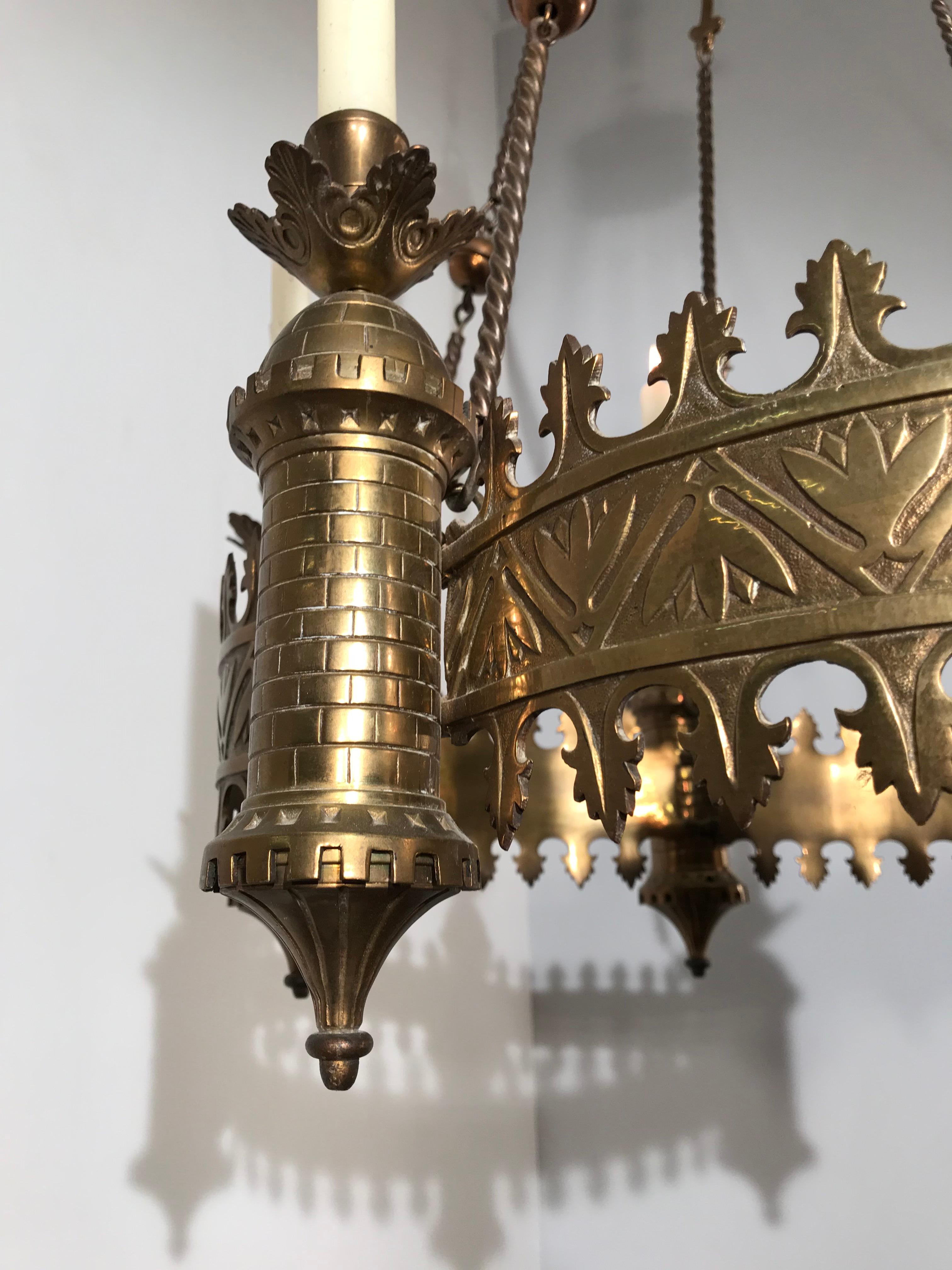 19th Century Antique Bronze and Brass Castle Tower Design Gothic Revival Candle Chandelier