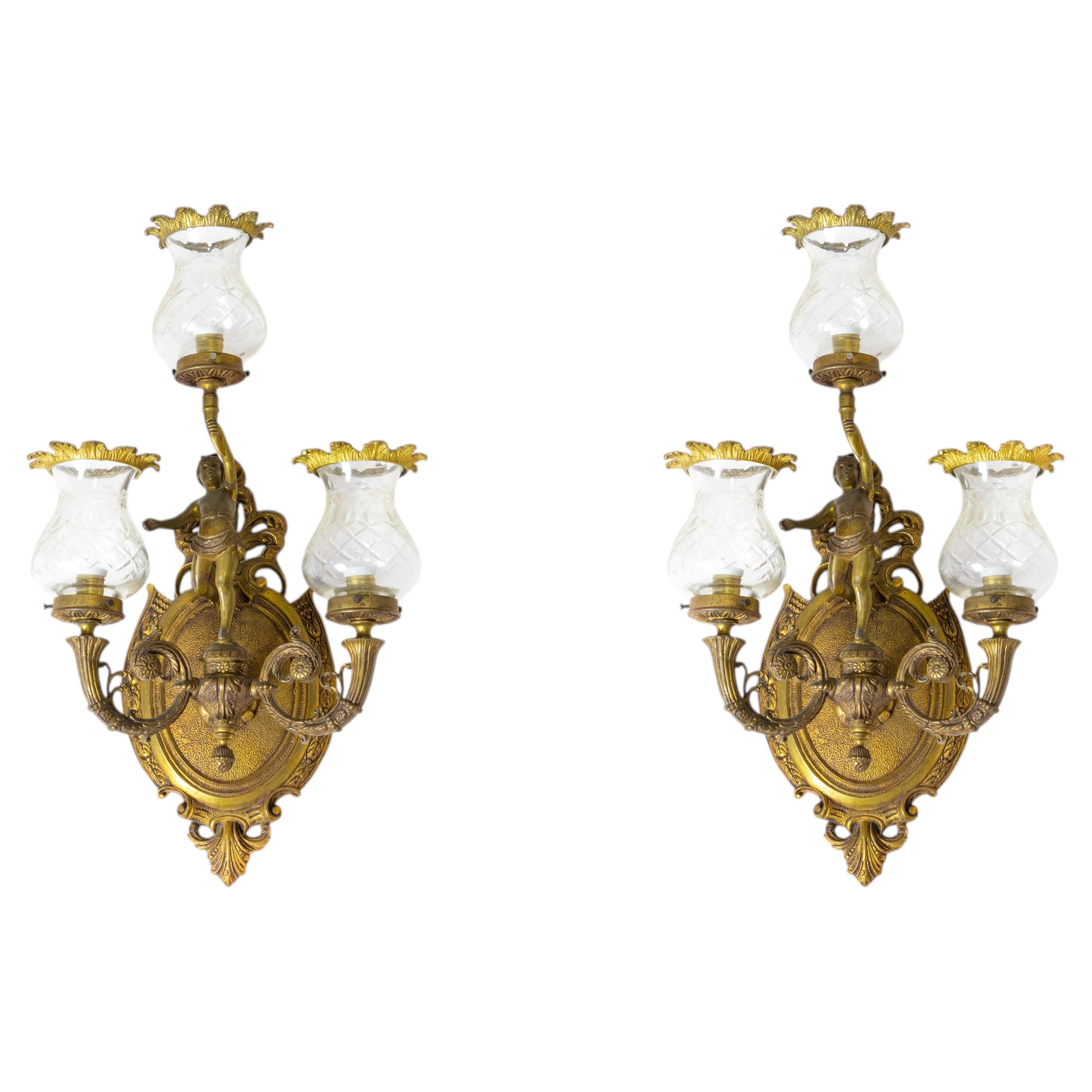 Antique Bronze and Brass Wall Sconces, Three Arms, 1900s