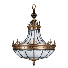 Antique Bronze and Leaded Glass Chandelier, circa 1920